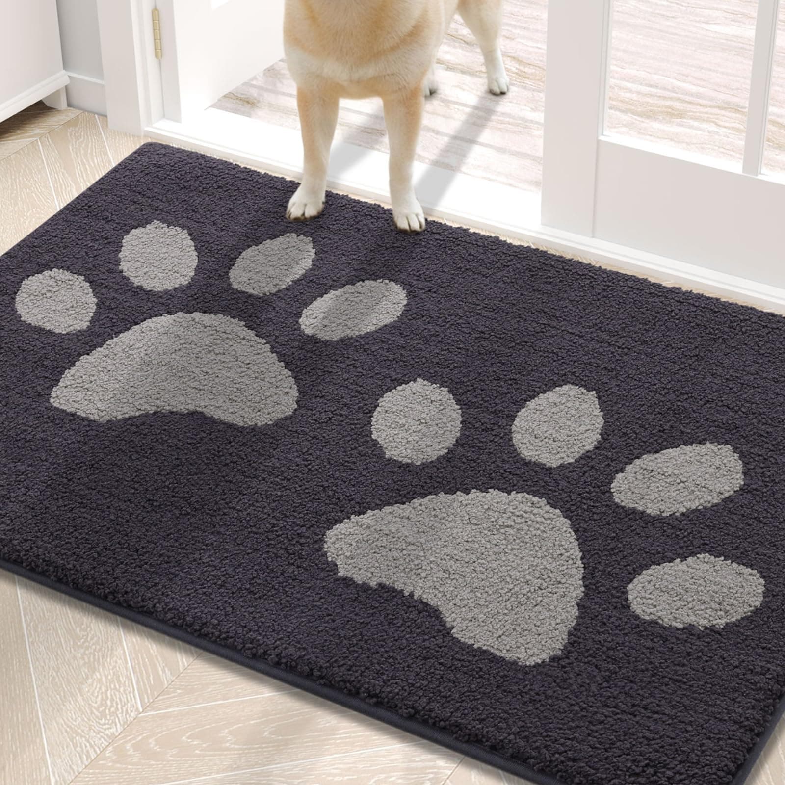 Buganda Dog Door Mat for Muddy Paws, Absorbent Dirt Trapper Washable Indoor Doormats, Non Slip Low-Profile Mud Mat for Dogs, Front Entrance Doormat for Inside Floor (30x20 Inches, Dark Grey)