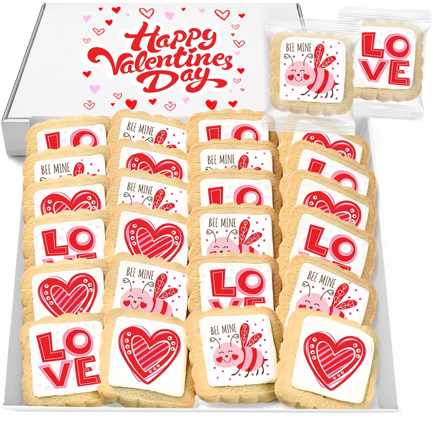 Valentines Day Cookies Party Favors Bulk | Individually Wrapped | for Kids Men Women Teacher Class Classroom Exchange Stuffers | 24 Pack | Love Heart Cookies Gift Basket