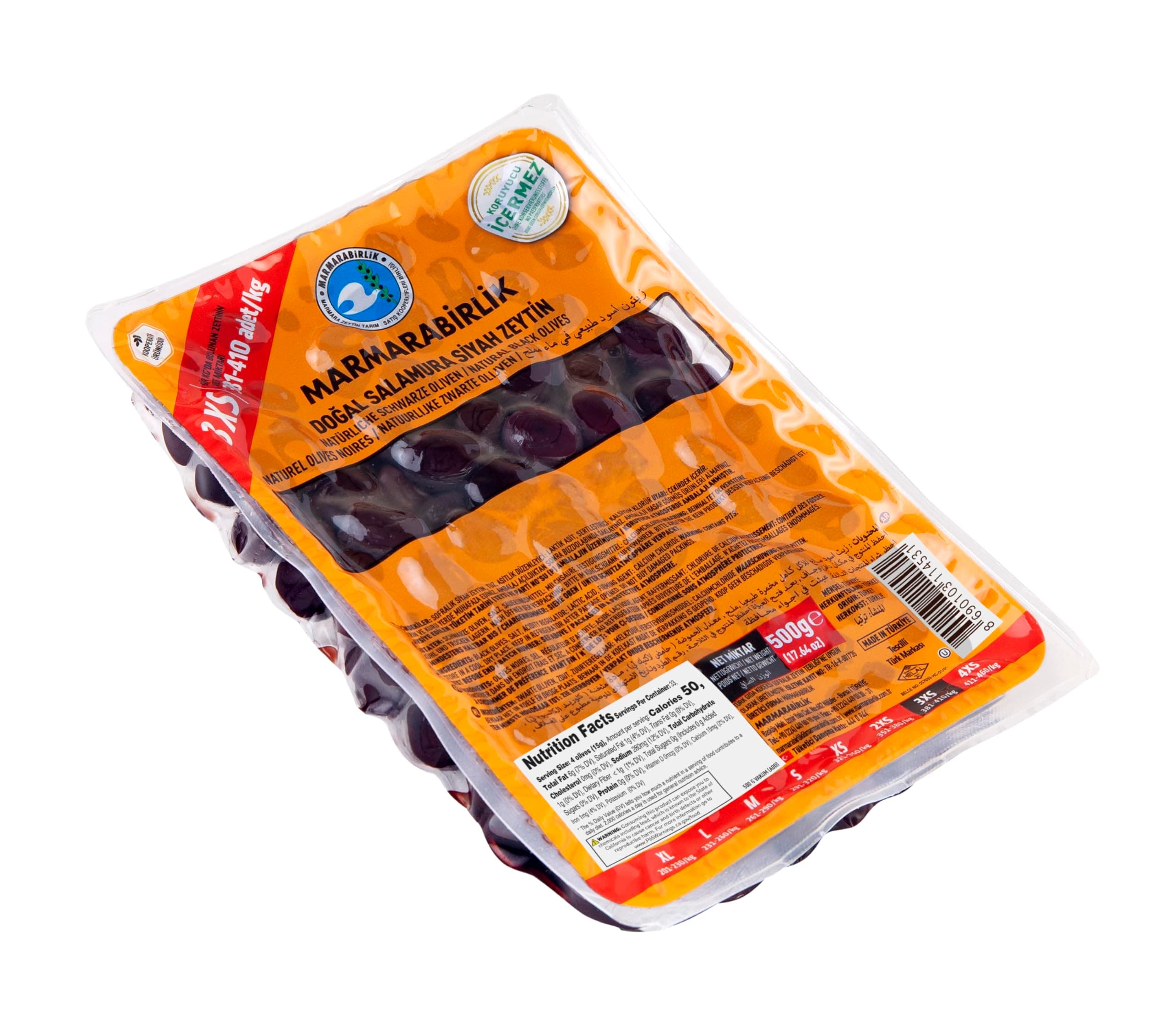 Marmarabirlik Black Olives, Hand-Picked Turkish Pickled Olives, Healthy Snacks, Natural Mediterranean Flavor, Great for Mezze, Bread and Snacks, Vegan, Kosher and Halal, Small, 17.6 Oz (500g)