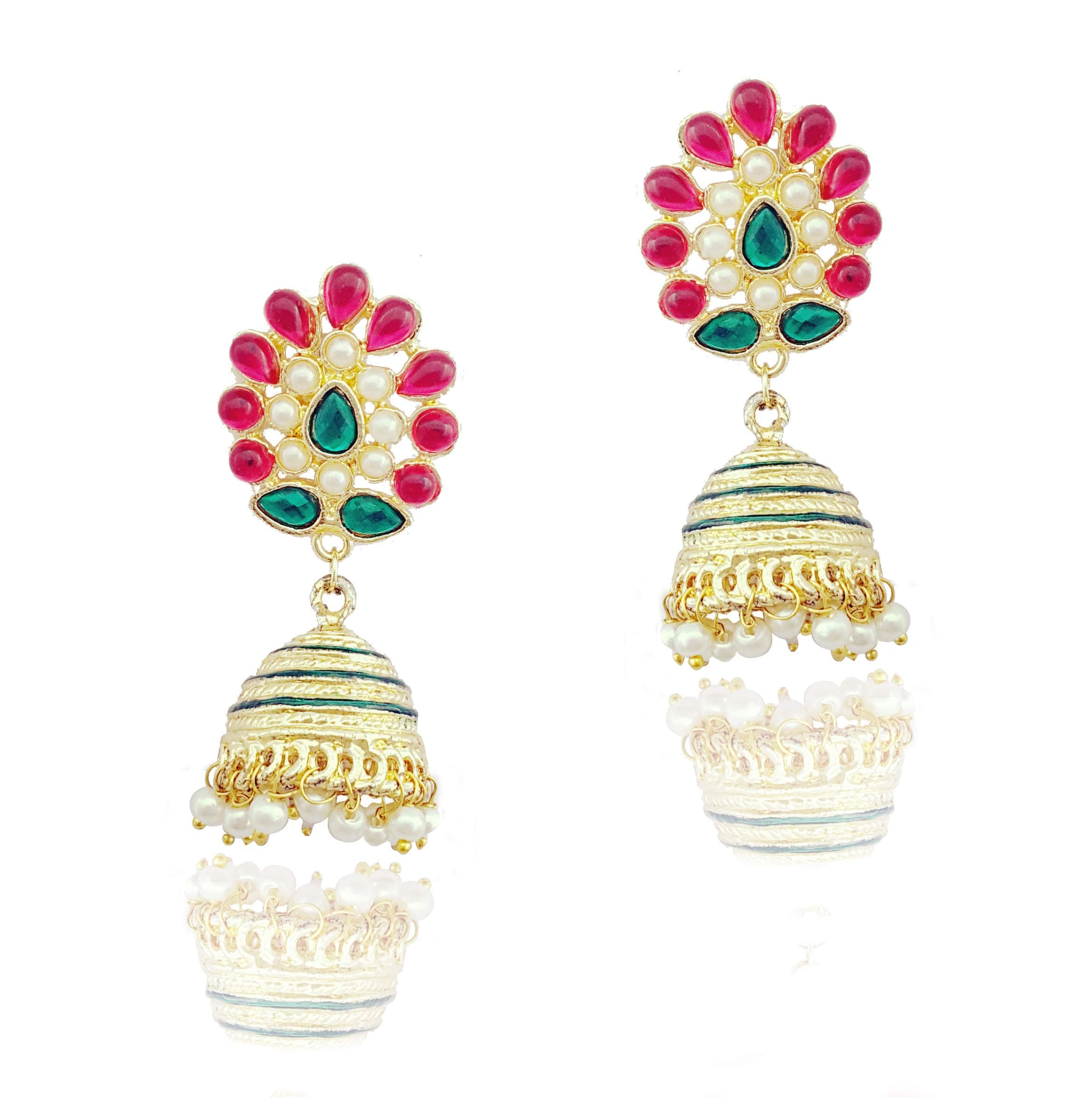 Traditional Indian Golden Minakari Jhumka Earrings With Pearls for Women/Ethnic Golden Jhumki Drop Earrings (Pink) (Green)