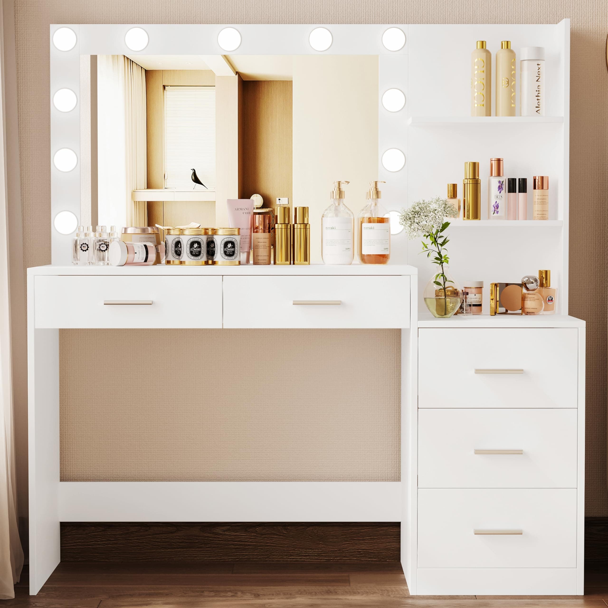 Rovaurx 46.7" Makeup Vanity Table with Lighted Mirror, Large Vanity Desk with Storage Shelf & 5 Drawers, Bedroom Dressing Table, 11 LED Lights, White