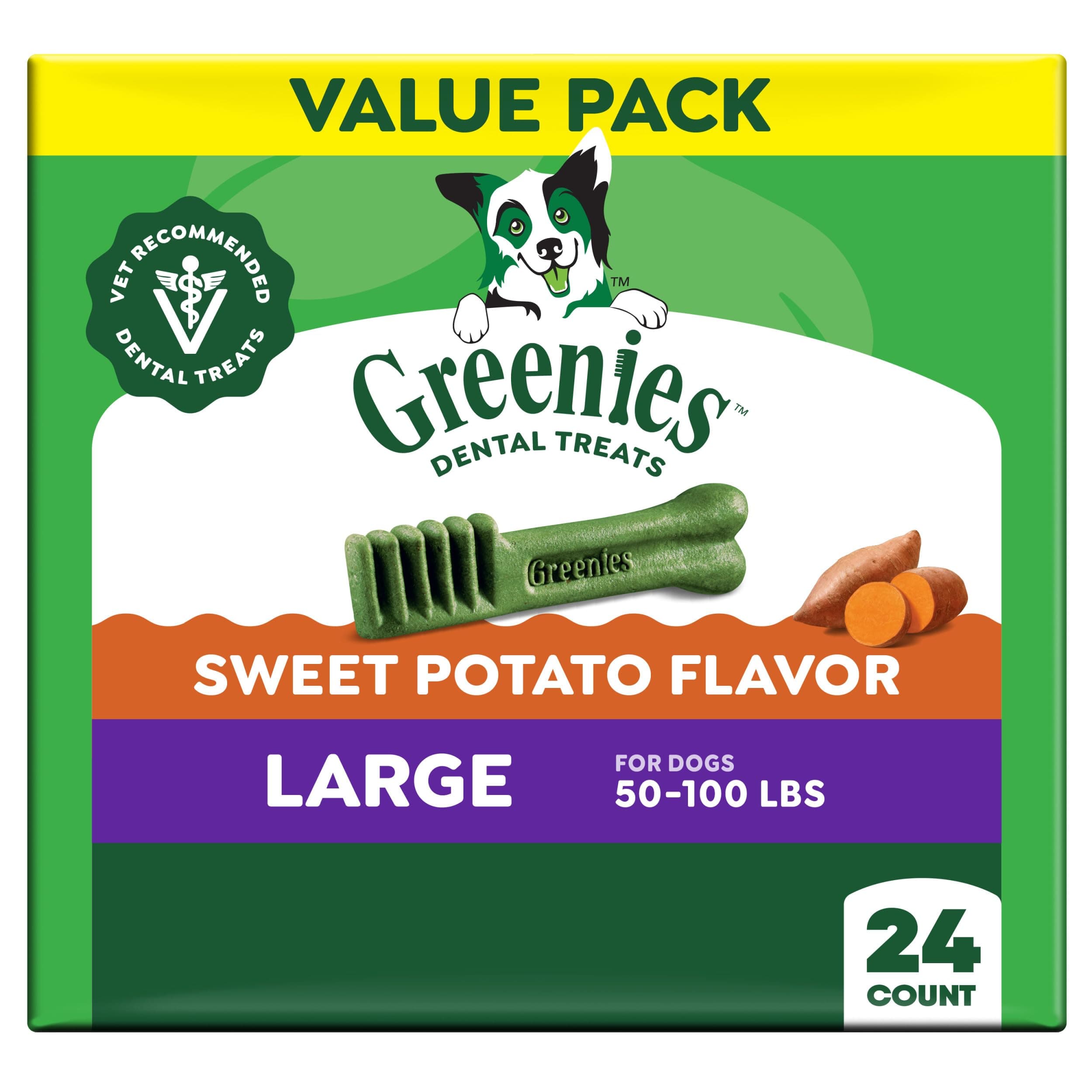 - Dog Treats, Veterinarian-Recommended Natural Dental Dog Treats, Large Size, Sweet Potato Flavor, 36 oz. Pack, 24 Count