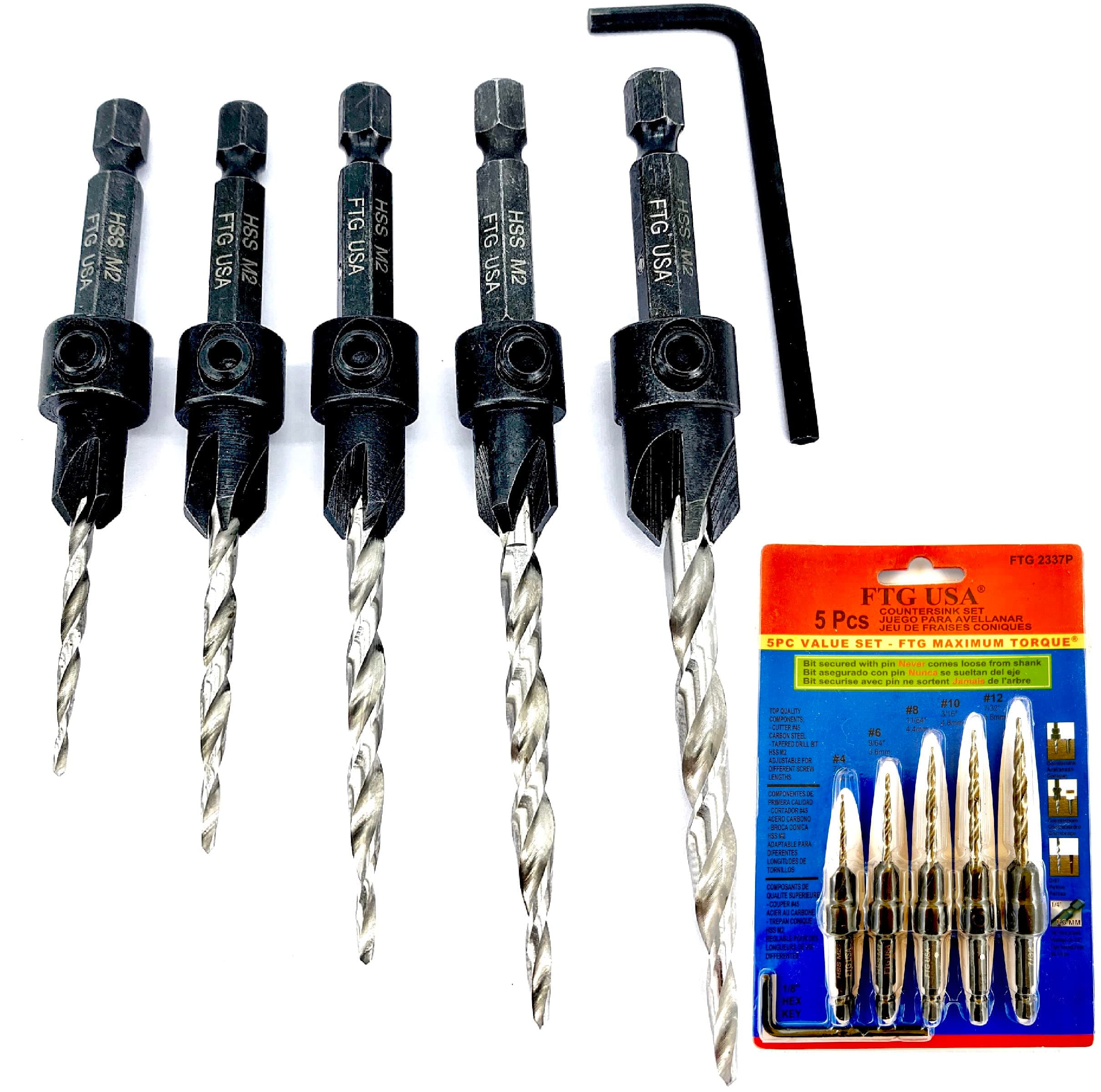 FTG USAWood Countersink Drill Bit Set Maximum Torque, 10, 12 with Woodworking HSS Tapered Bits Secured with Pin and Hex Wrench (1/8" Allen Key) 5 Piece taper bits (without Depth Stop Collar)