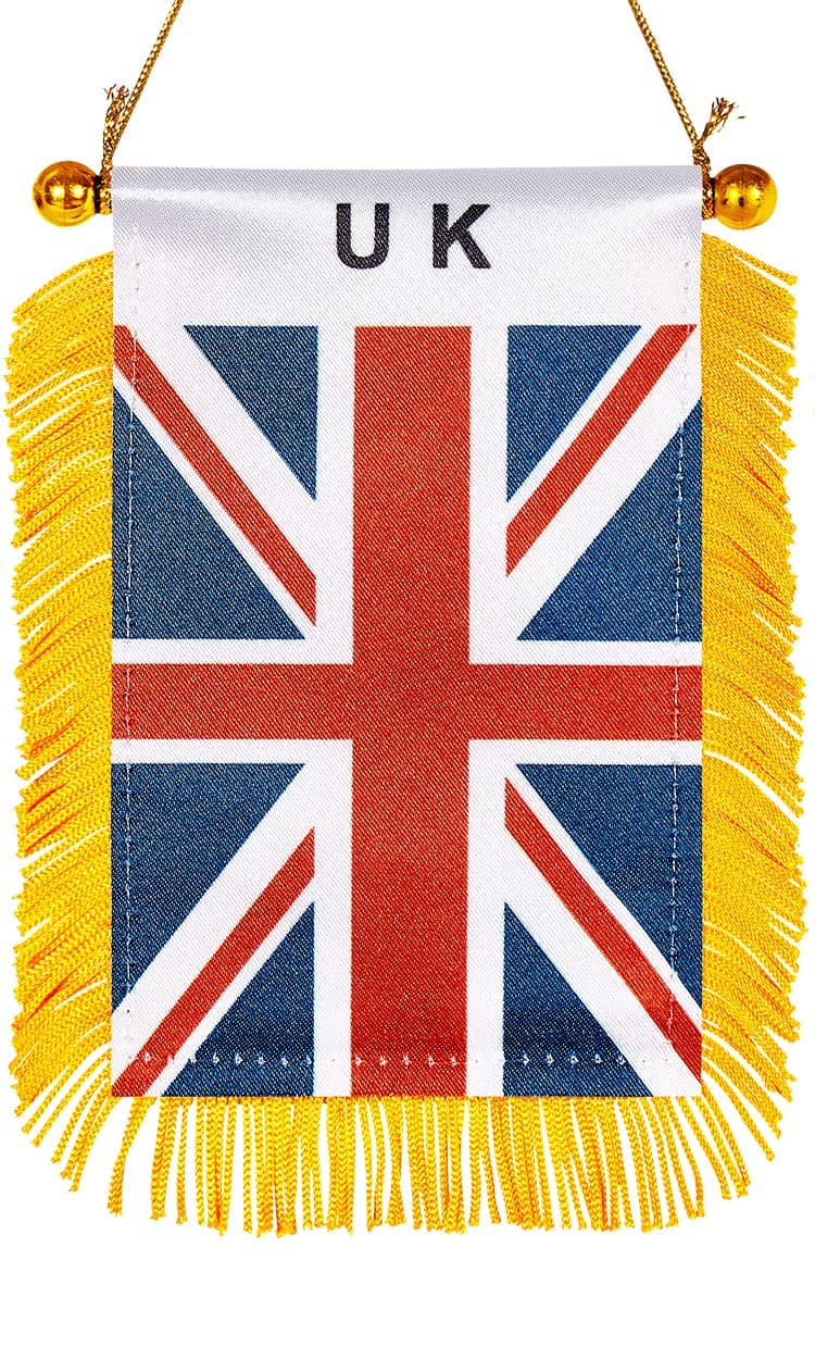 WXTWK 3 X 5 Inch UK United Kingdom Flag British Window Hanging Flag Small Mini Car Flags Banners Rearview Mirror Decoration With Suction Cup Golden Fringy Banner