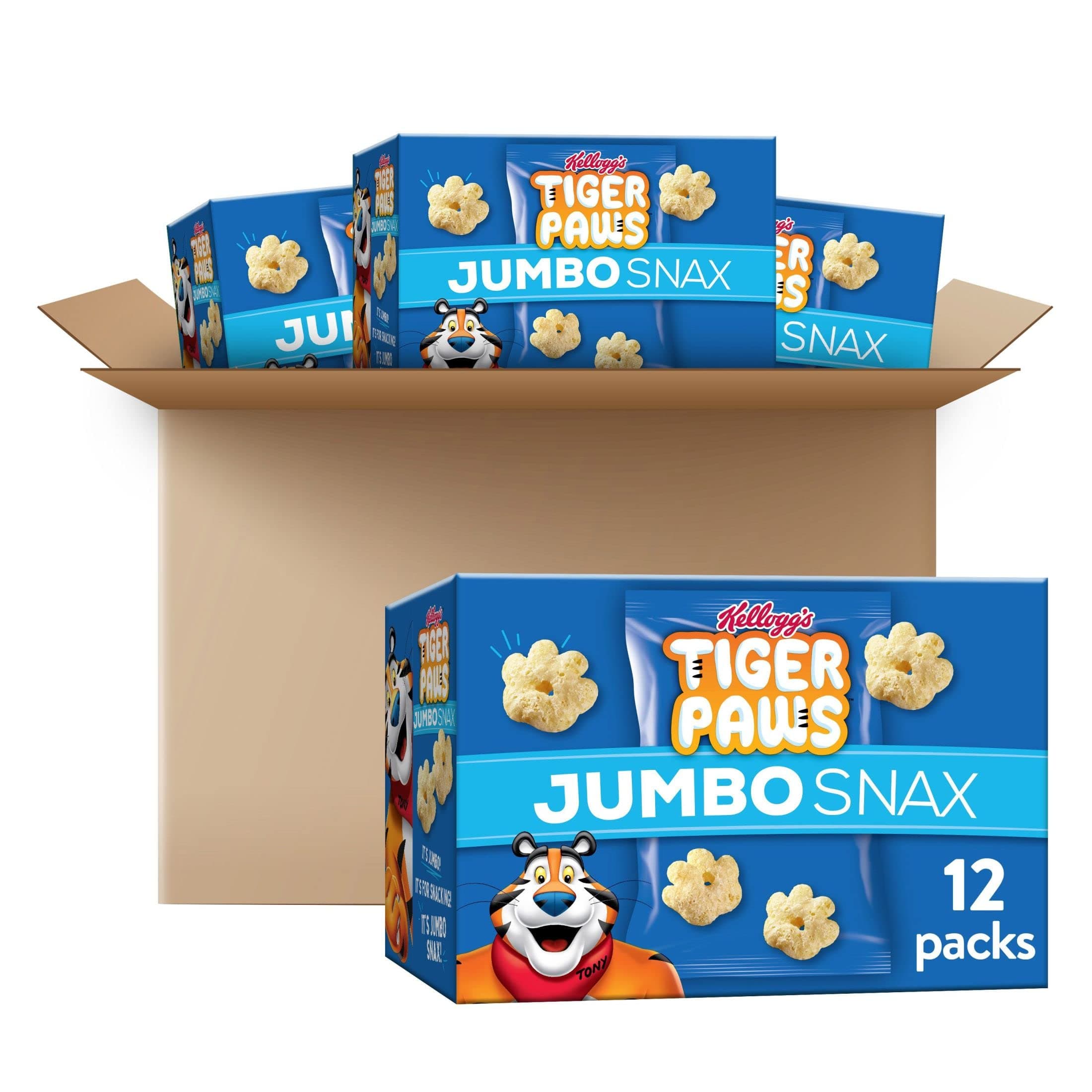 Kellogg's Tiger Paws Jumbo Snax Cereal Snacks, Kellogg's Frosted Flakes Inspired, Kids Snacks, Original (4 Boxes, 48 Pouches)
