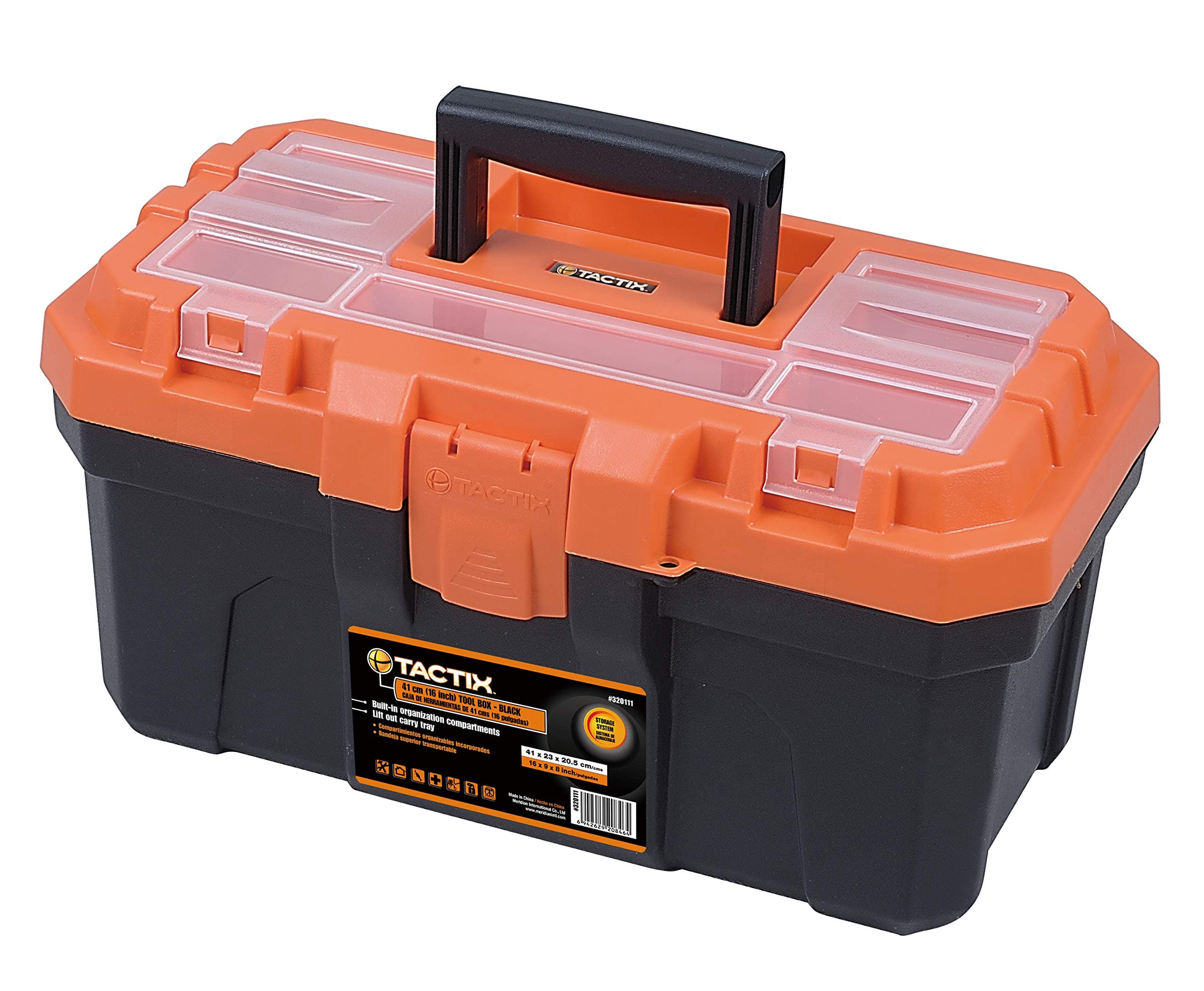 Tactix 16 Inches Plastic Storage Tool Box HD with Lift-out carry tray, Built-in Organization Compartments, Black/Orange, Dimensions: 41W x 23D x 20.5H cm- 320111