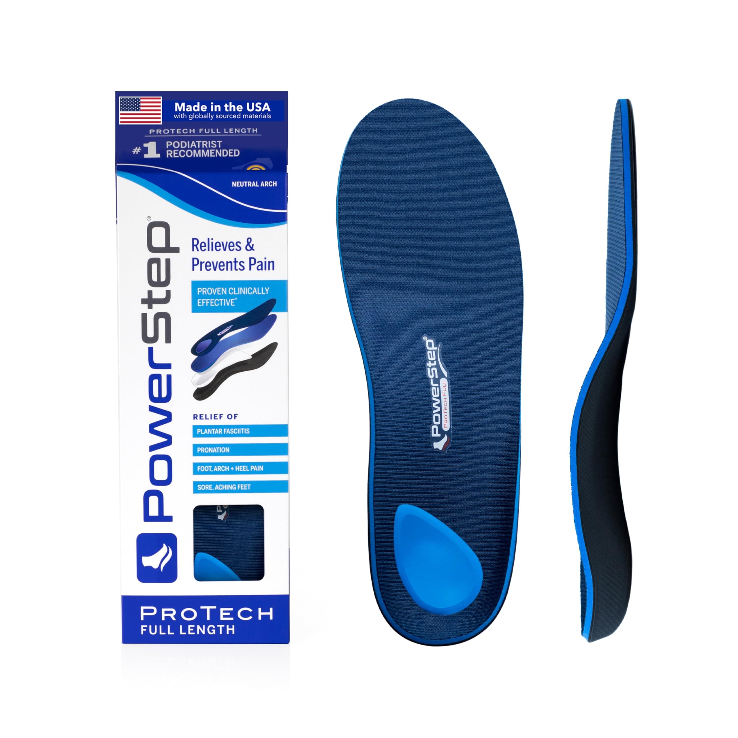 ProTech Full Length Orthotic Insoles - Medical Grade Arch Support Inserts for Relieving & Preventing Plantar Fasciitis + Heel Pain - Maximum Cushioning + Memory Foam Orthotics