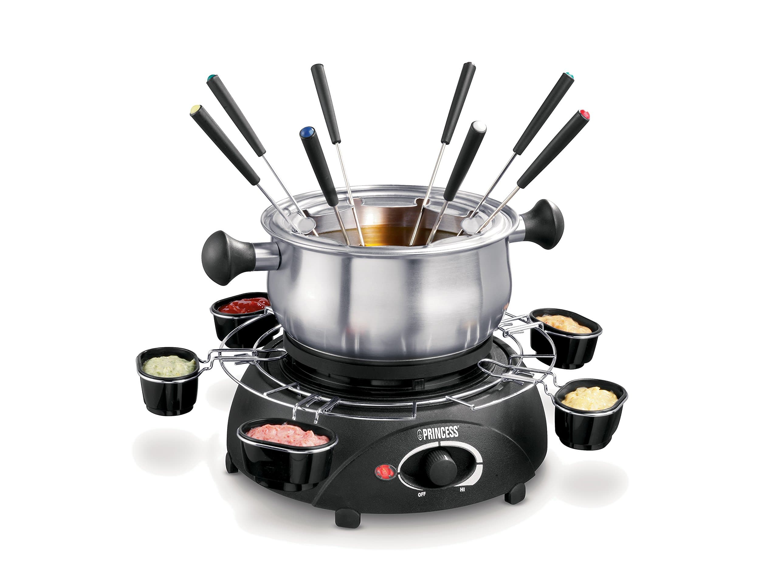 Princess 172665 Electric Stainless Steel Fondue with 6 Sauce Bowls and 8 Fondue Forks