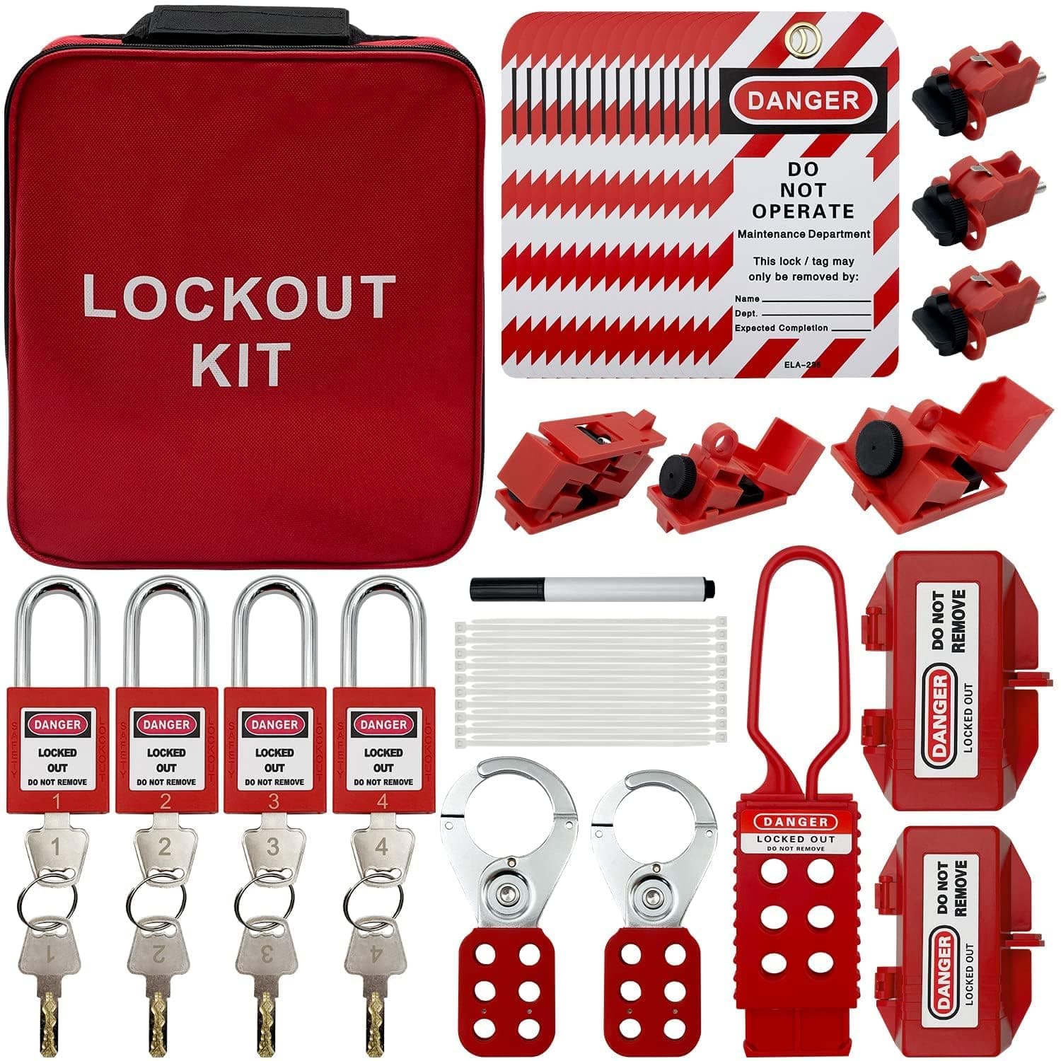 Safby Lockout Tagout Kit - Clamp-On Circuit Breaker Lockout, Group Hasps, Tag, Universal Multi- Pole With Pocket Bag