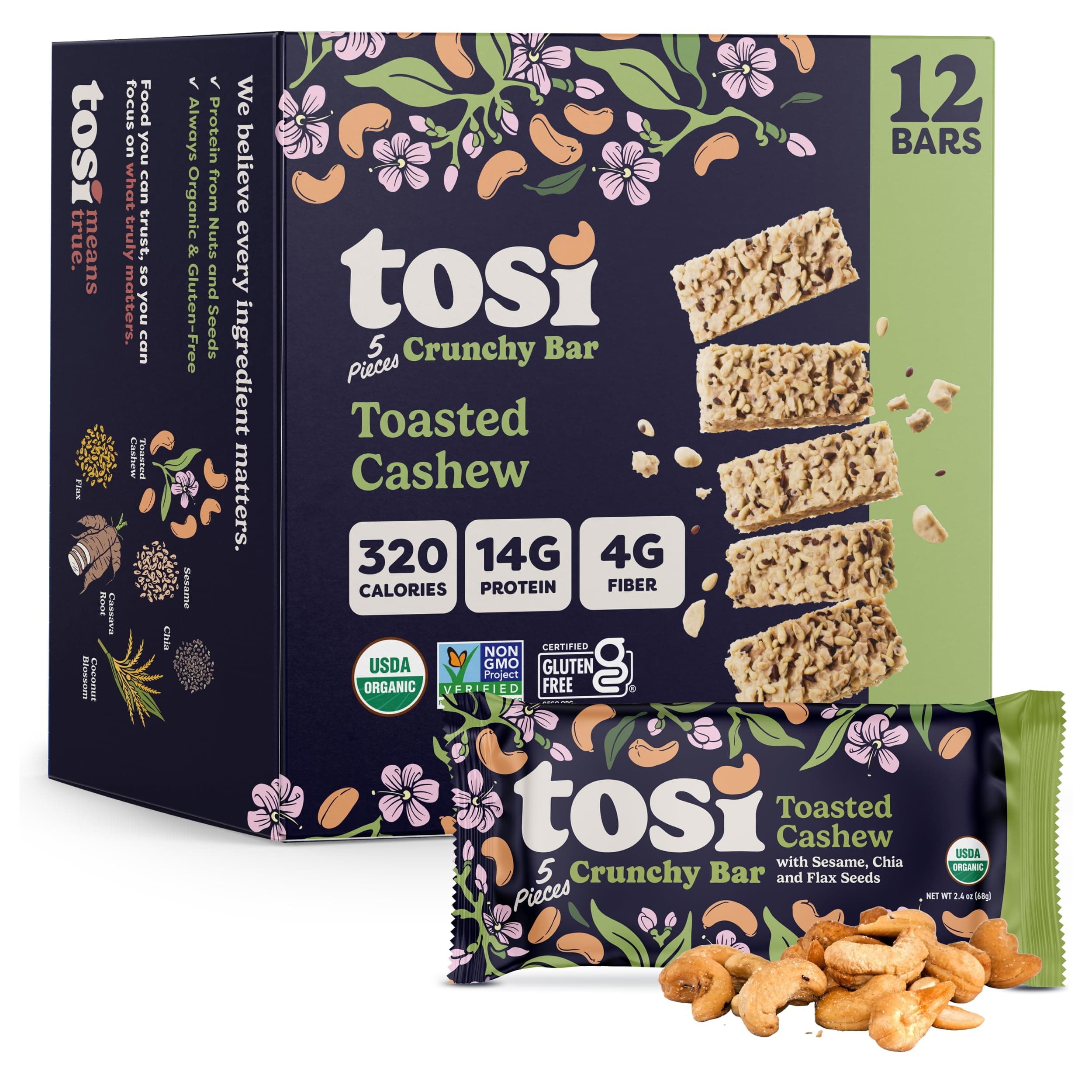 Tosi Meal Nut Bars, Cashew, Healthy Snacks for Adults & Kids, Crunchy Plant Based Protein Bar (14G), Keto Snacks, Vegan, Gluten & Soy Free, Low Sugar, Omega 3s, 2.4oz, 12-Pack