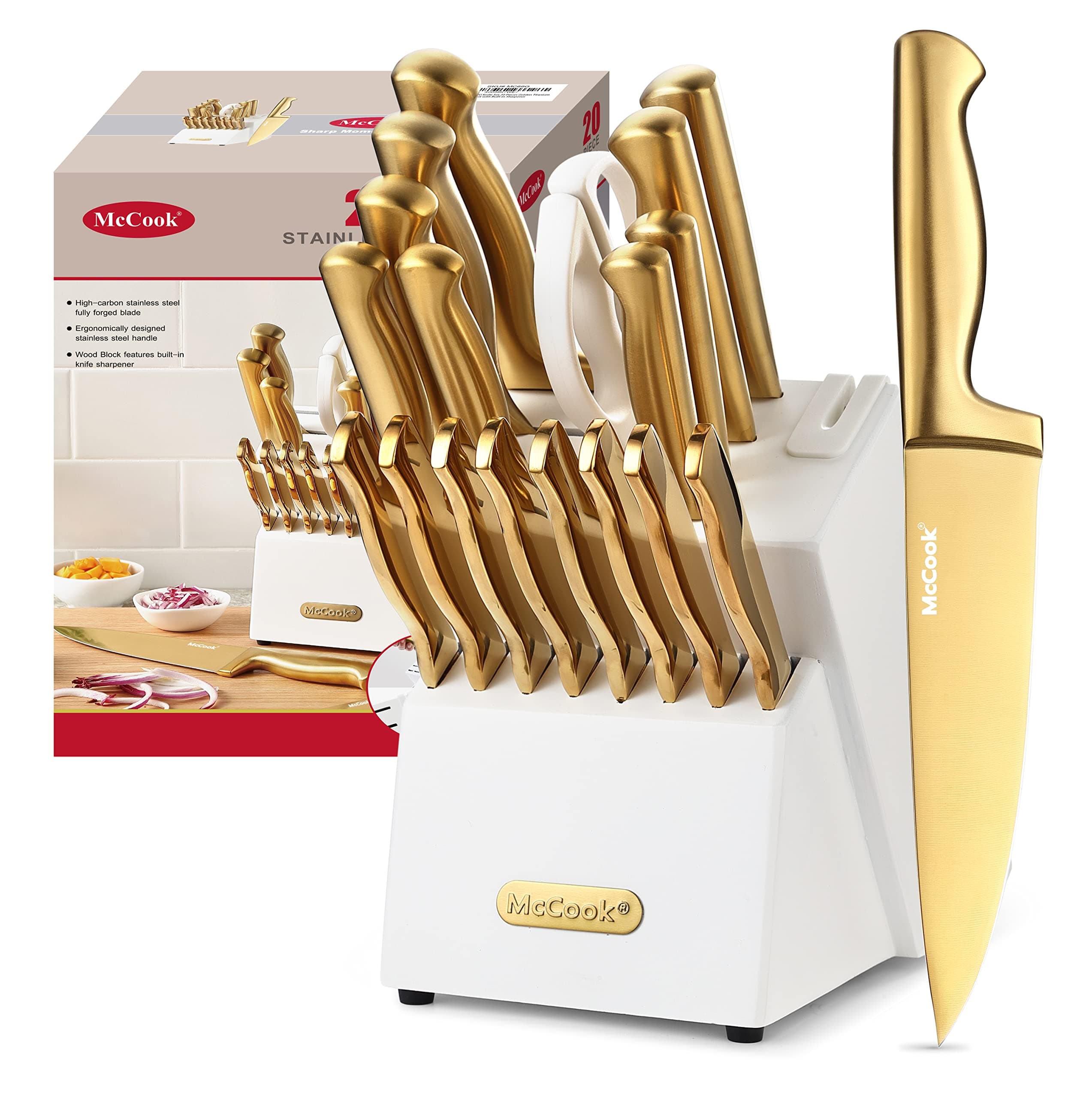 McCook® Kitchen Knife Sets, Golden Titanium Stainless Steel Knives Block Set with Built-in Sharpener