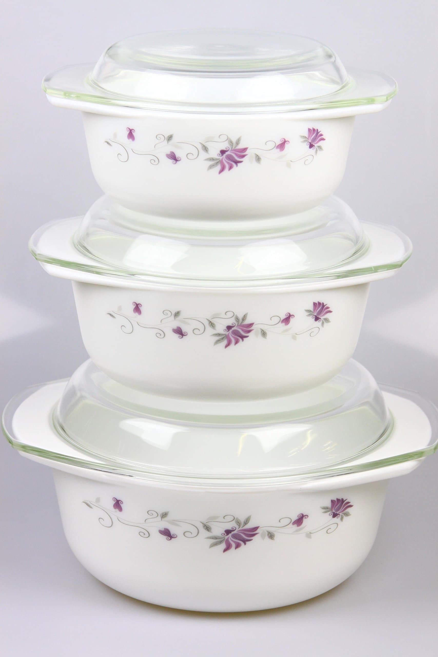 PYRONEX - 3pc Glass Casserole Dish with Lids - 1L, 1.5L & 2.5L - 4 Designs Available (Linda Set)