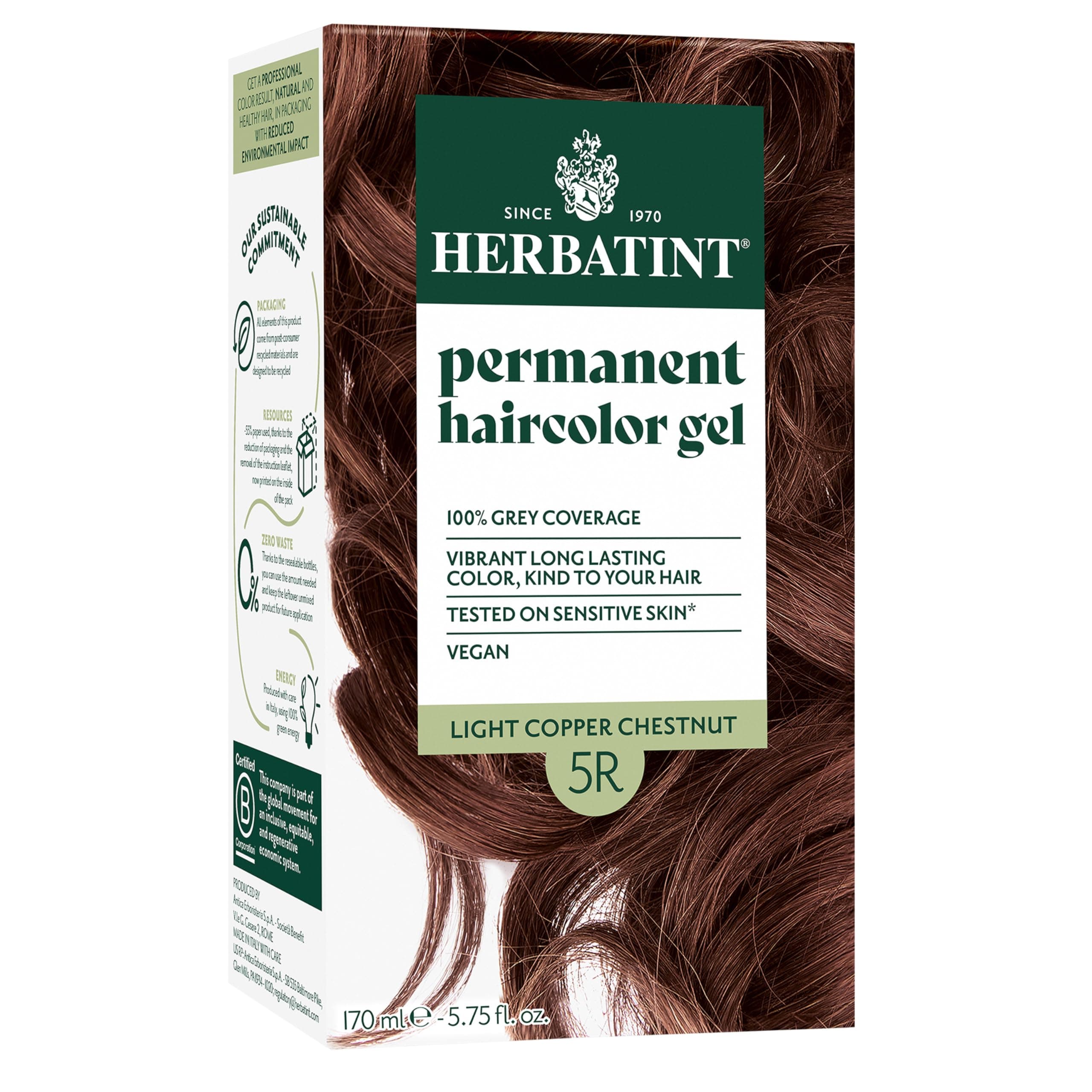 Permanent Herbal Haircolor Gel, Light Copper Chestnut 5 R, 4.56-Ounces