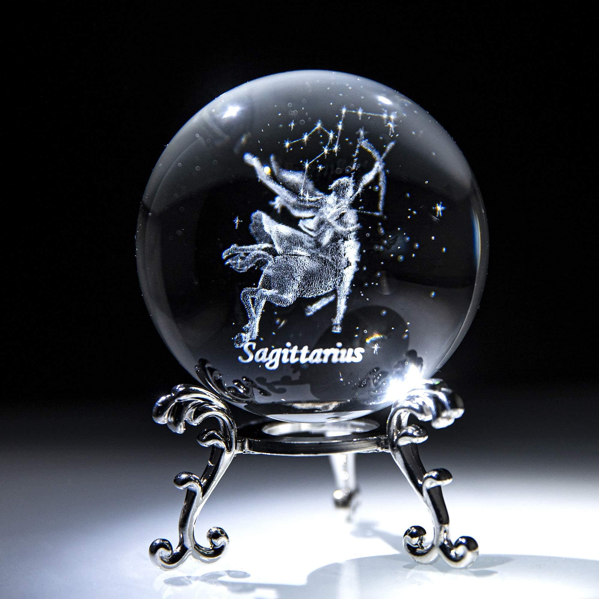 3D Laser Constellation Crytsal Ball Crystal Paperweight Full Sphere Glass Fengshui with Sliver-Plated Flowering Stand(Sagittarius)