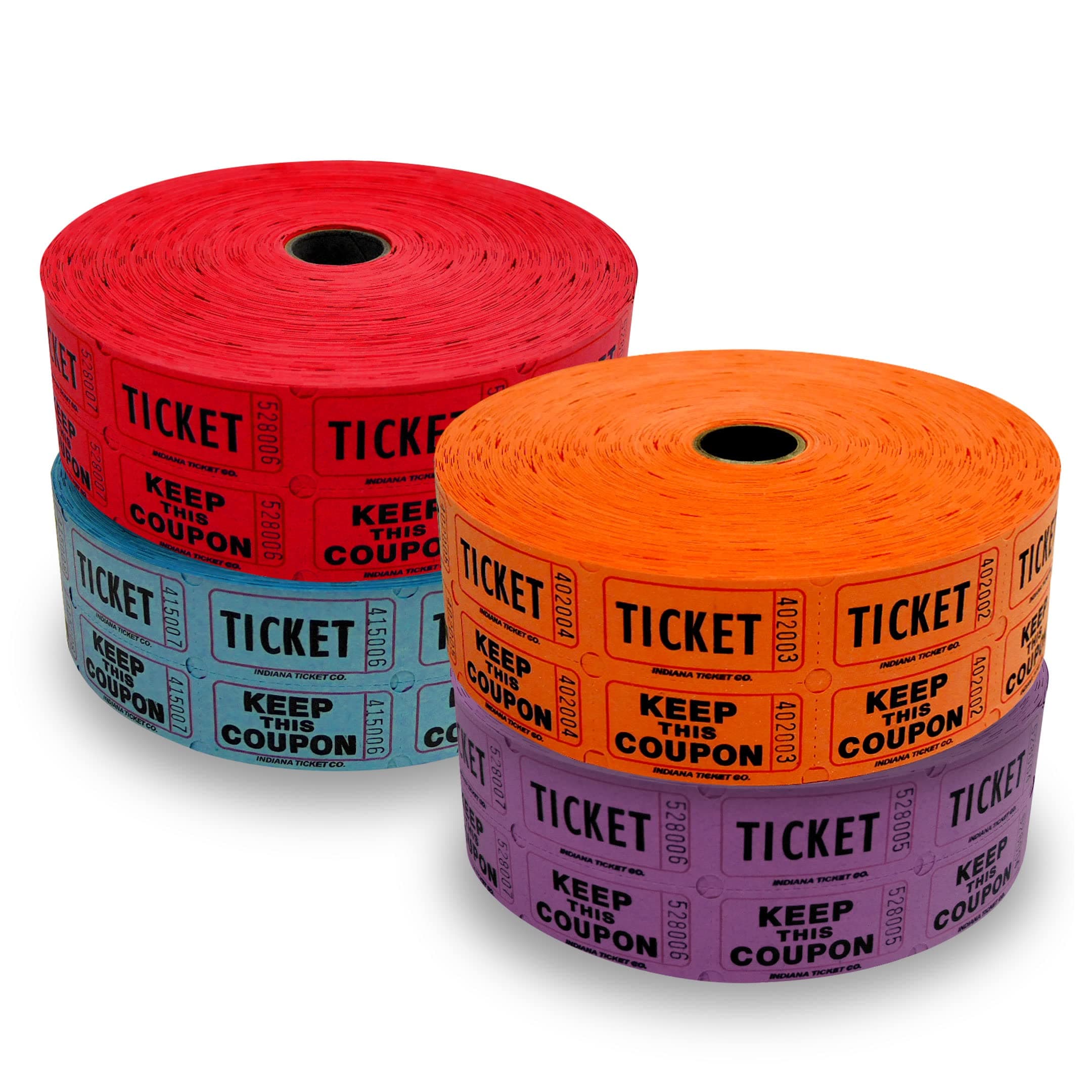 INDIANA TICKET COMPANY Raffle - 4 Rolls of 2000 Double 8, 000 Total 50/Raffle Dark Assorted Colors Red, Blue, Purple, Orange