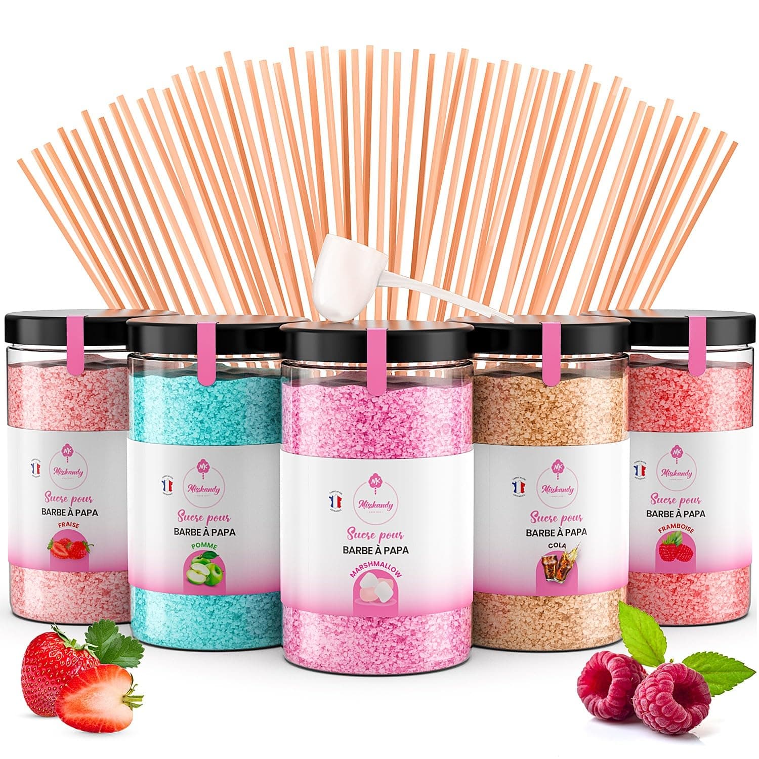 Misskandy®-Candy Floss Sugar Pack (5 * 300g) (Strawberry, Apple, Marshmallow, Cola, Raspberry) Use in Cotton Candy Maker + 50 Sticks of 30 cm (free)