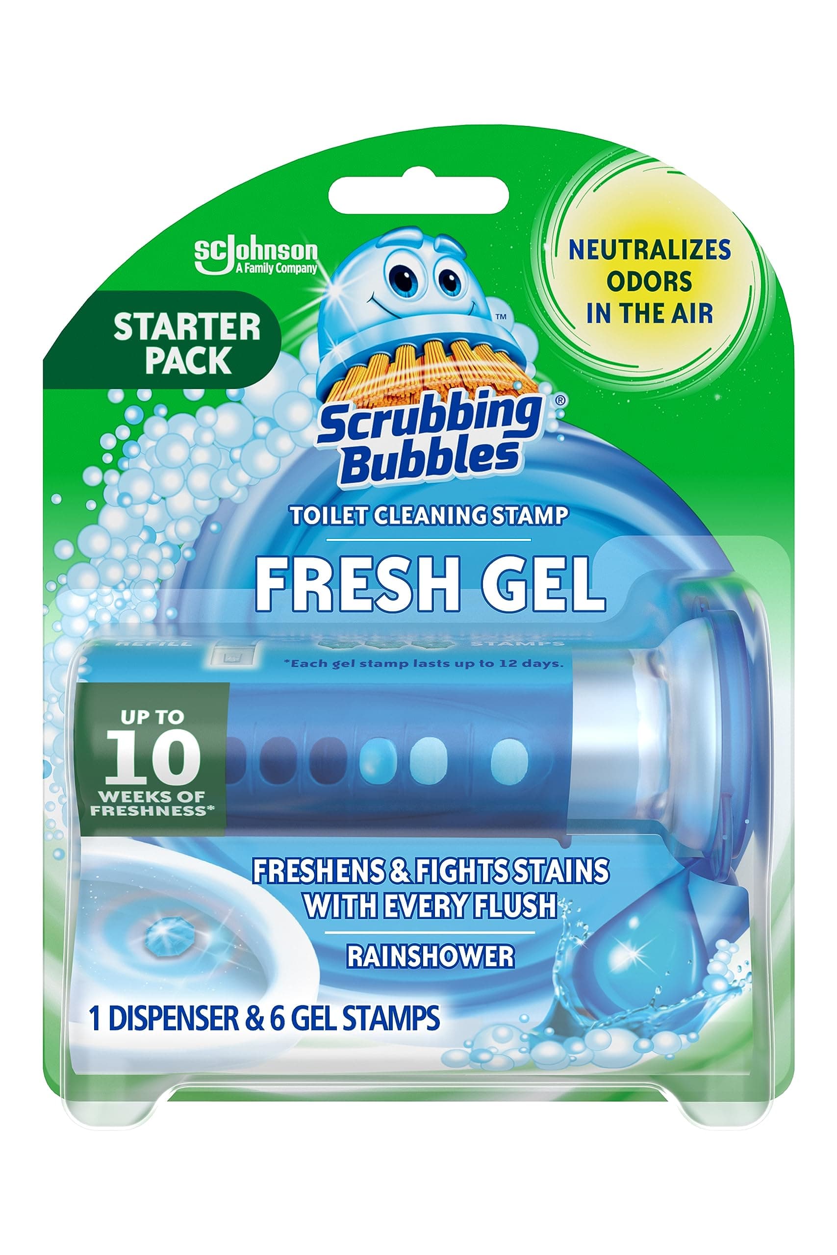 Fresh Gel Toilet Bowl Cleaning Stamps, Helps Keep Toilet Clean and Helps Prevent Limescale & Rings, Rainshower Scent, 1 Dispenser with 6 Fresh Gel Stamps