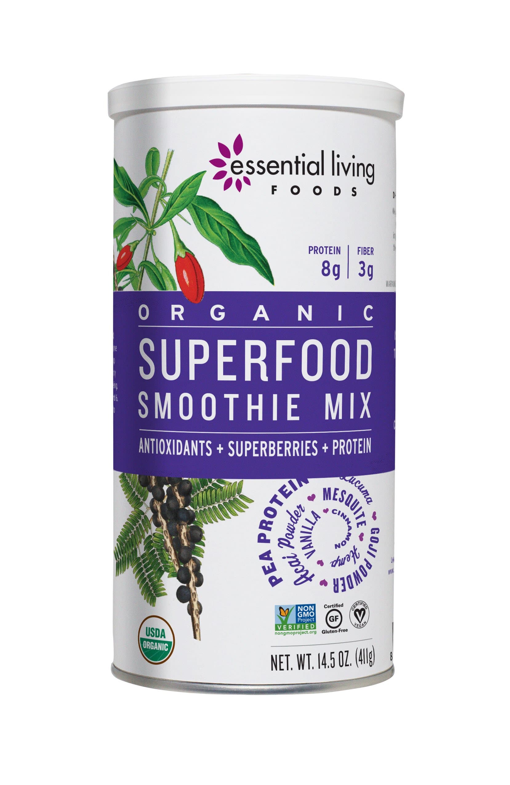 Essential Living Foods Organic Superfood Smoothie Mix, With Mesquite, Lucuma, Pea and Hemp Protein, Acai and Goji Berry Powder, Vegan, Non-GMO, Gluten Free, Kosher, 14.5 Ounce Tin