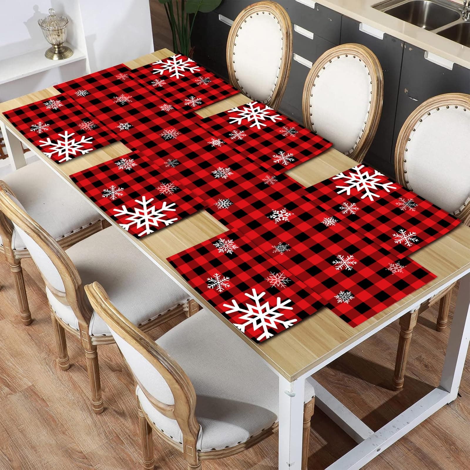 Irenare 7 Pieces Christmas Table Runner Placemats, Red Black Buffalo Plaid Check Christmas Decorations for Dining Table, Vintage Farmhouse Gingham Holiday Table Mat Set (Snowflake Style)