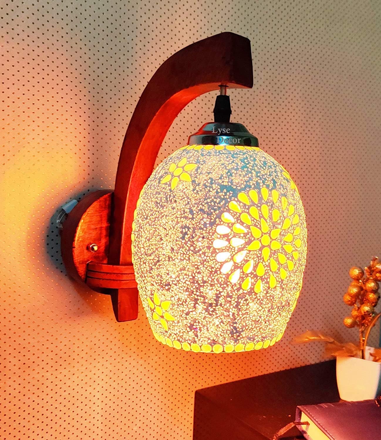 Lyse Decor Handcrafted Glass & Wooded Decorative Wall Hanging Light for Living Room, Downside Wall Lamp for Bedroom & Mirror