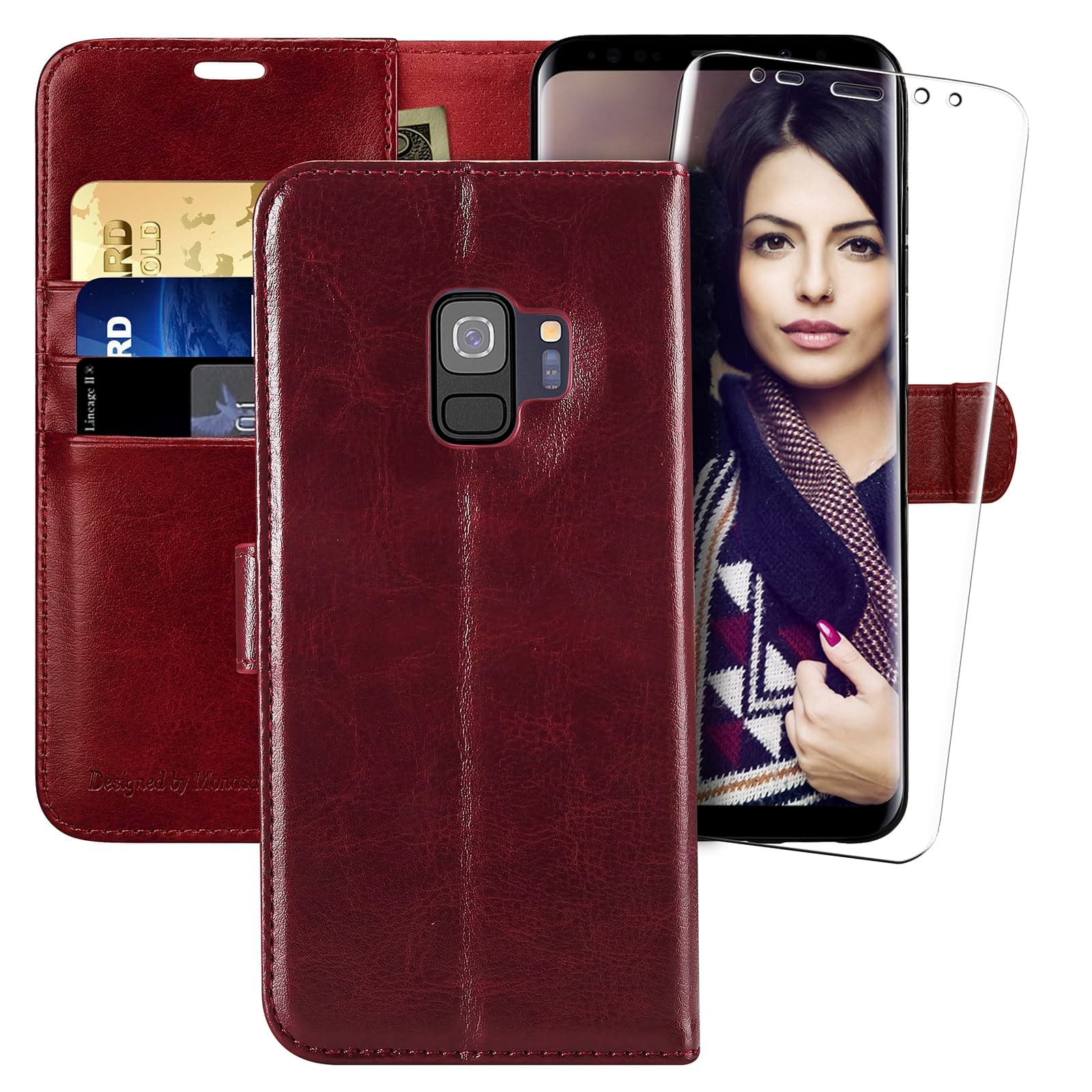MONASAY Wallet Case Compatible for Galaxy S9, 5.8-inch, [Screen Protector Included][RFID Blocking] Flip Folio Leather Cell Phone Cover with Credit Card Holder, Burgundy