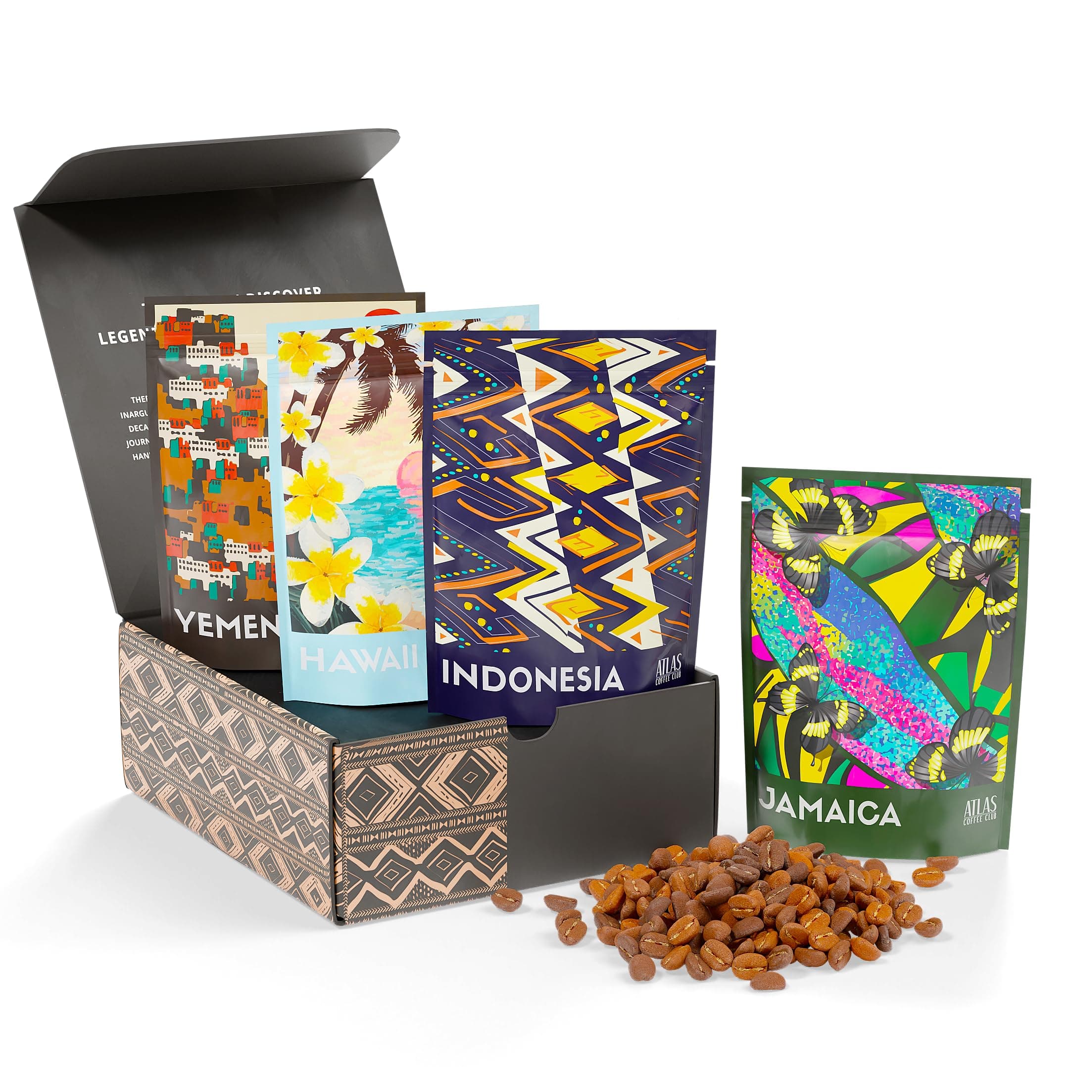 Atlas Coffee Club Rare Coffee Sampler, Gift Set for Him and Her, 4-Pack Variety Box of the World’s Most Unique Gourmet Single Origin Coffees Including Jamaica Blue Mountain, Whole Bean