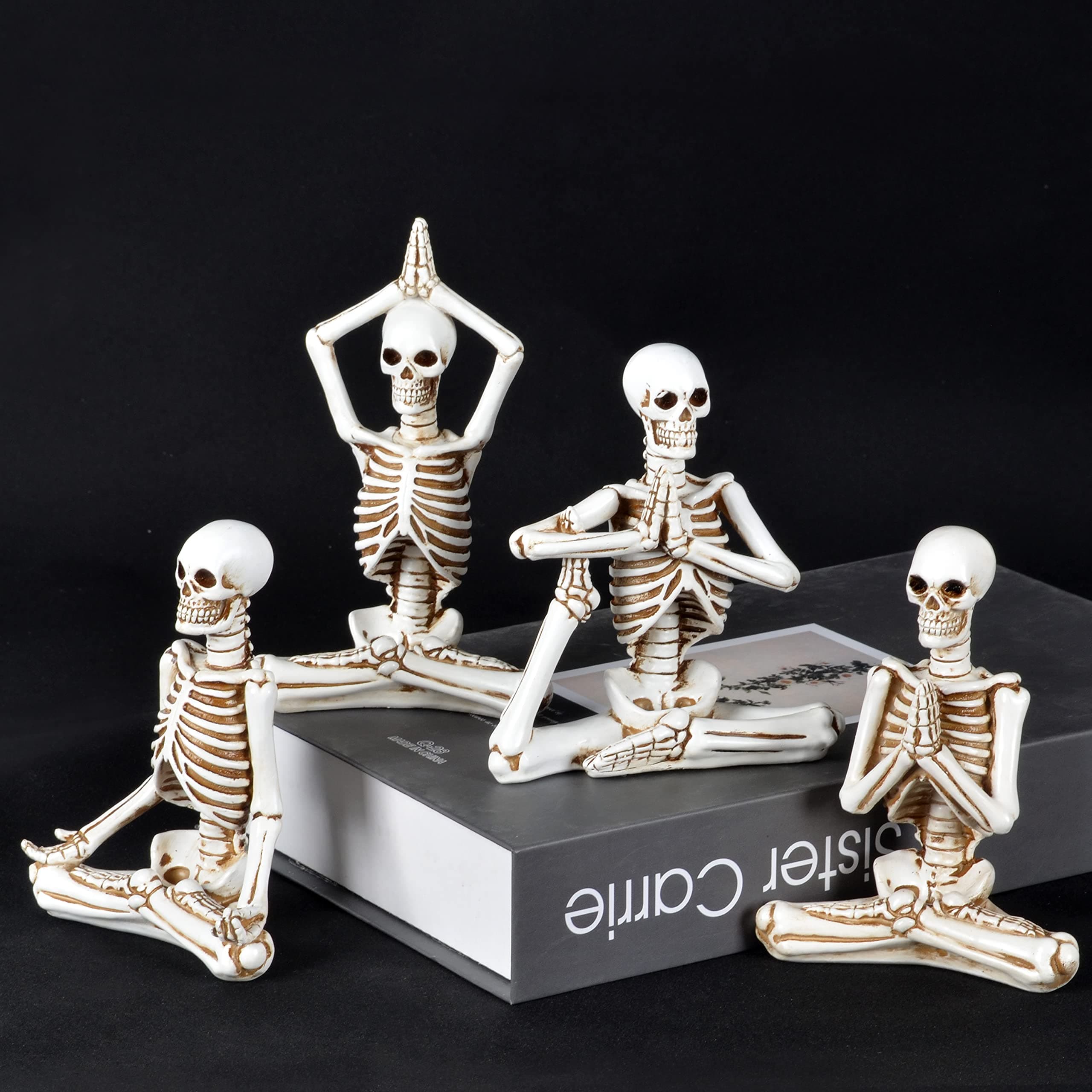 Yoga Skeletons Statue Set of 4 Bone Stretchers Halloween Figurines Meditating Table Collectible Home Decorative, Polyresin (White-Set 4)