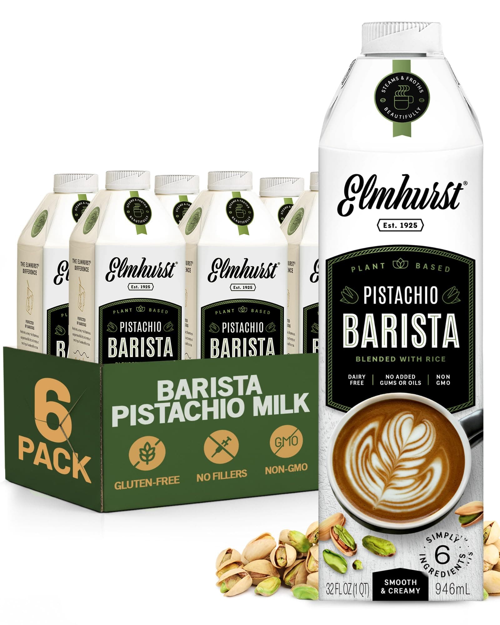 1925 Pistachio Milk Barista Edition – 32 Ounce (Pack of 6) Plant-Based, Vegan, Dairy-Free, Non-GMO, Kosher, Froths for Lattes & Iced Coffee, 3g Protein per Serving, Simple Ingredients
