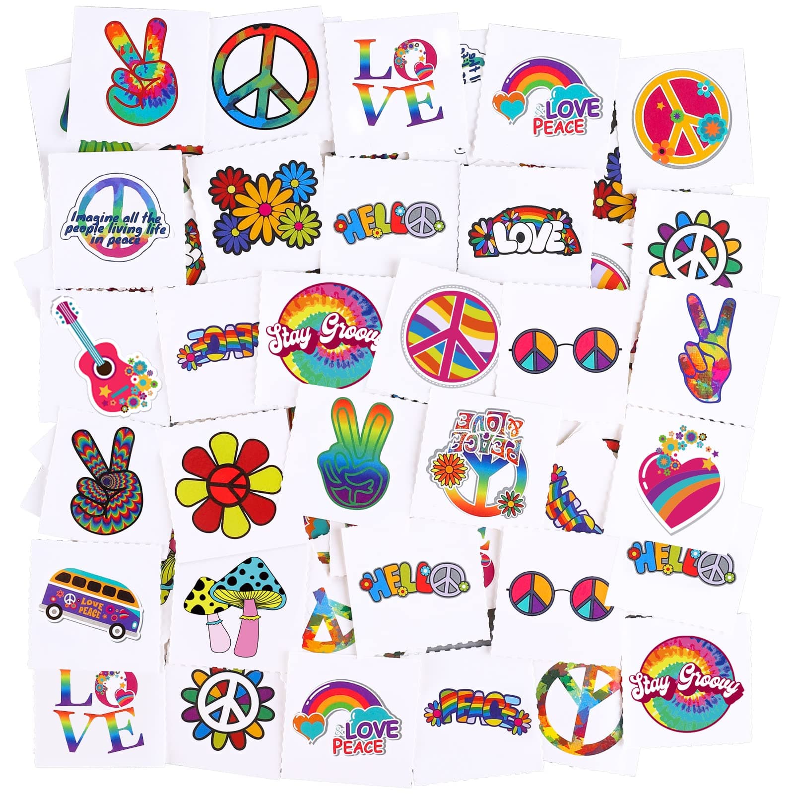 ADXCO 144 Pieces Hippie Tattoos Stickers - Assorted Groovy Temporary Waterproof Love and Peace Sign Tattoos for Hippie Theme Party Favors