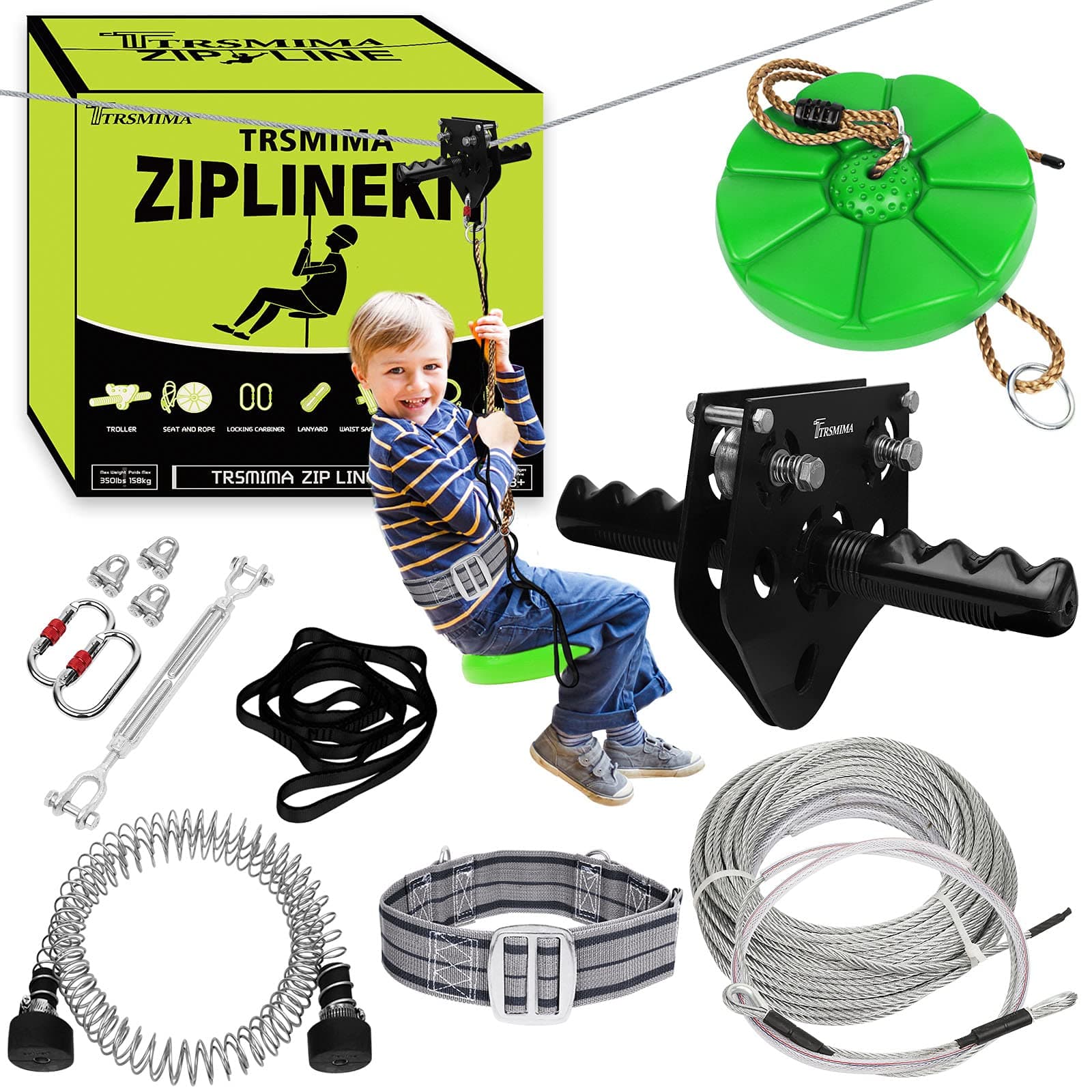98 Feet Zip Line Kit for Kids and Adult Up to 330 lb with Zipline Spring Brake and Safety Harness, Zip line Trolley with Handle and Thickened Seat,for Backyard Playground Entertainment