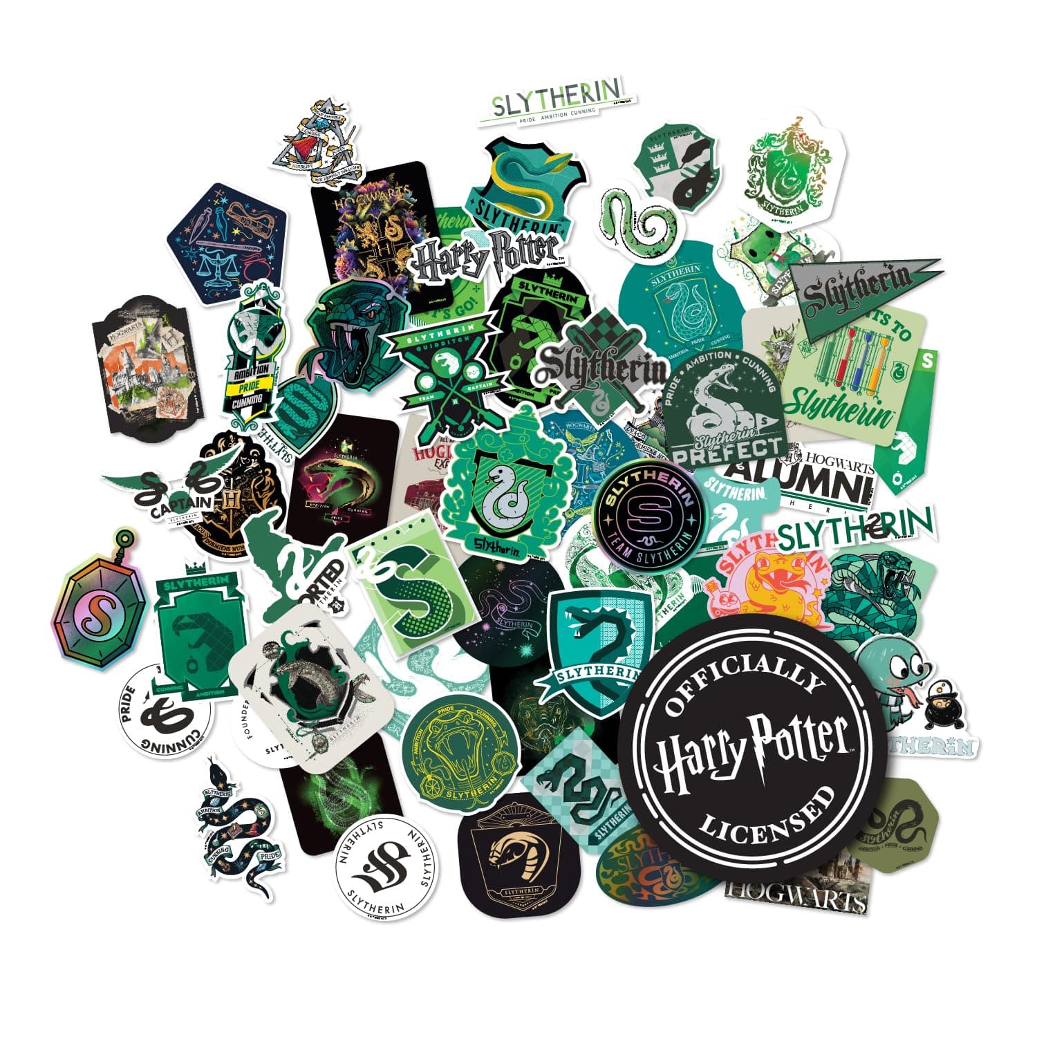 CON*QUEST Journals Harry Potter Slytherin Vinyl Stickers, Unique Stickers Including Holograms, Waterproof and UV Resistant, Great for All Your Gadgets, Potterfy All The Things (60 Pack)