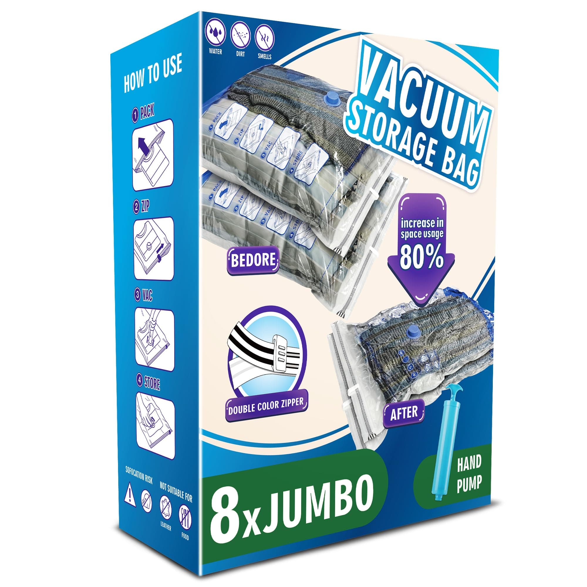 Jumbo Vacuum Storage Bags, 8 Pack Space Saver Bags for Clothes, Comforters, Clothing and Blanket