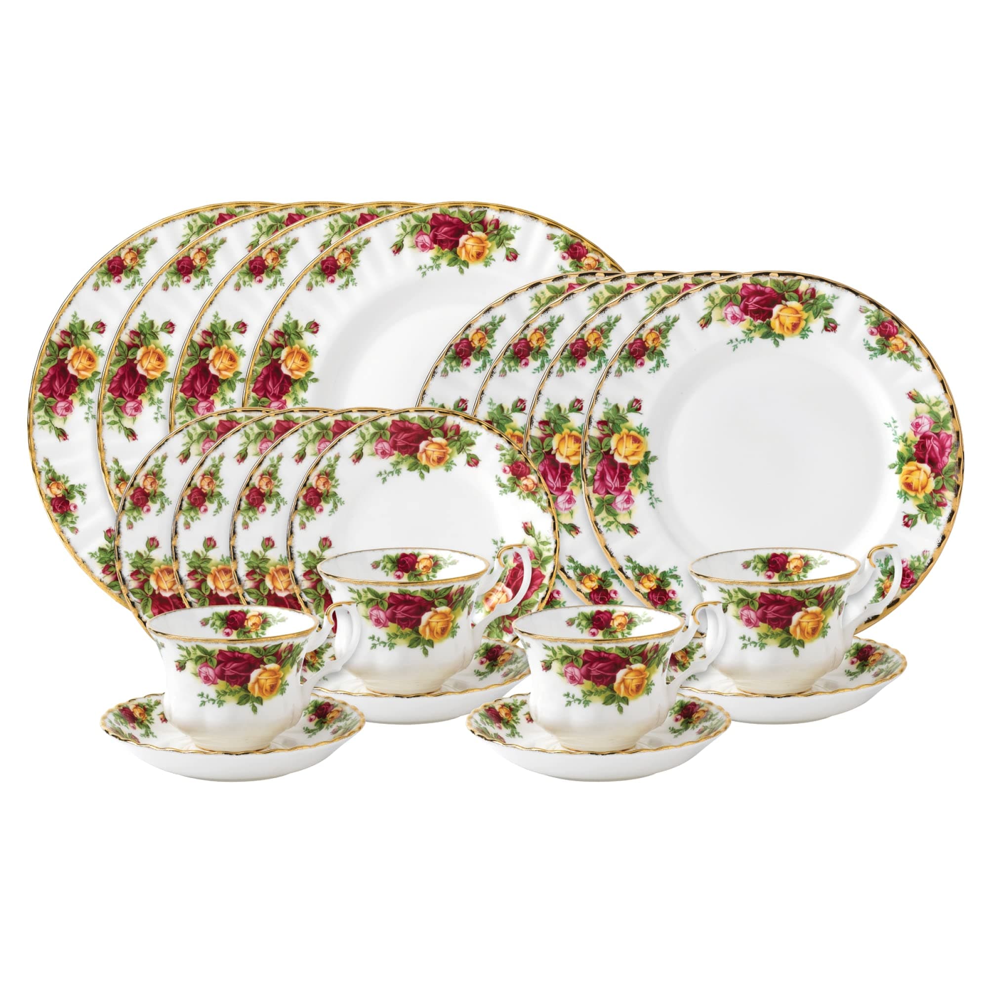 Old Country Roses 20 Piece Dinner Gift Set - Vintage Serving Set for 4, with Bone China Tea Cup and Saucer Set, Dinner, Salad Plates, Bread & Butter Plates - Floral Pattern