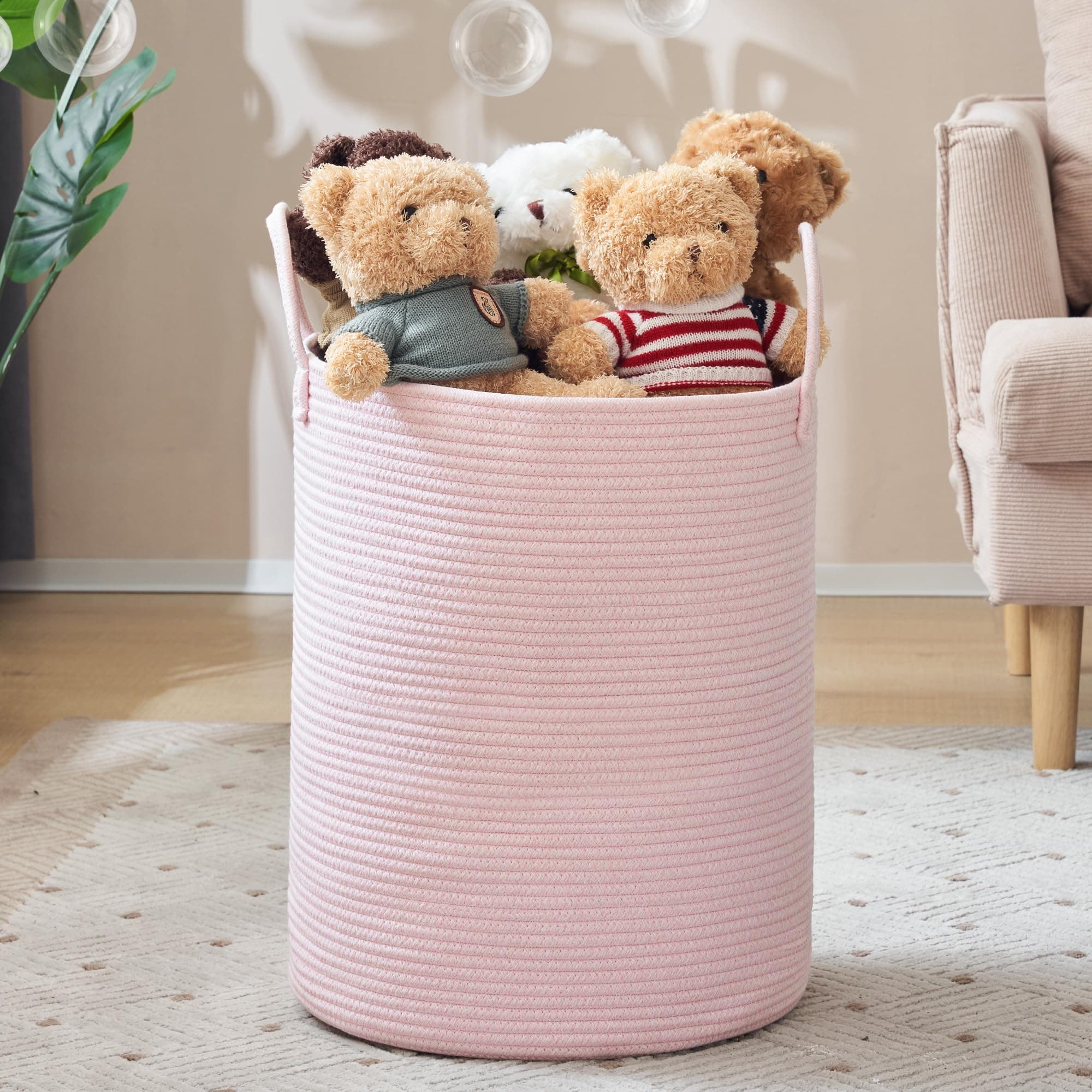 YOUDENOVA Woven Rope Laundry Hamper, 58L Tall Luandry Basket, Baby Nursery Hamper for Blanket Storage in Bedroom-Large-Pink