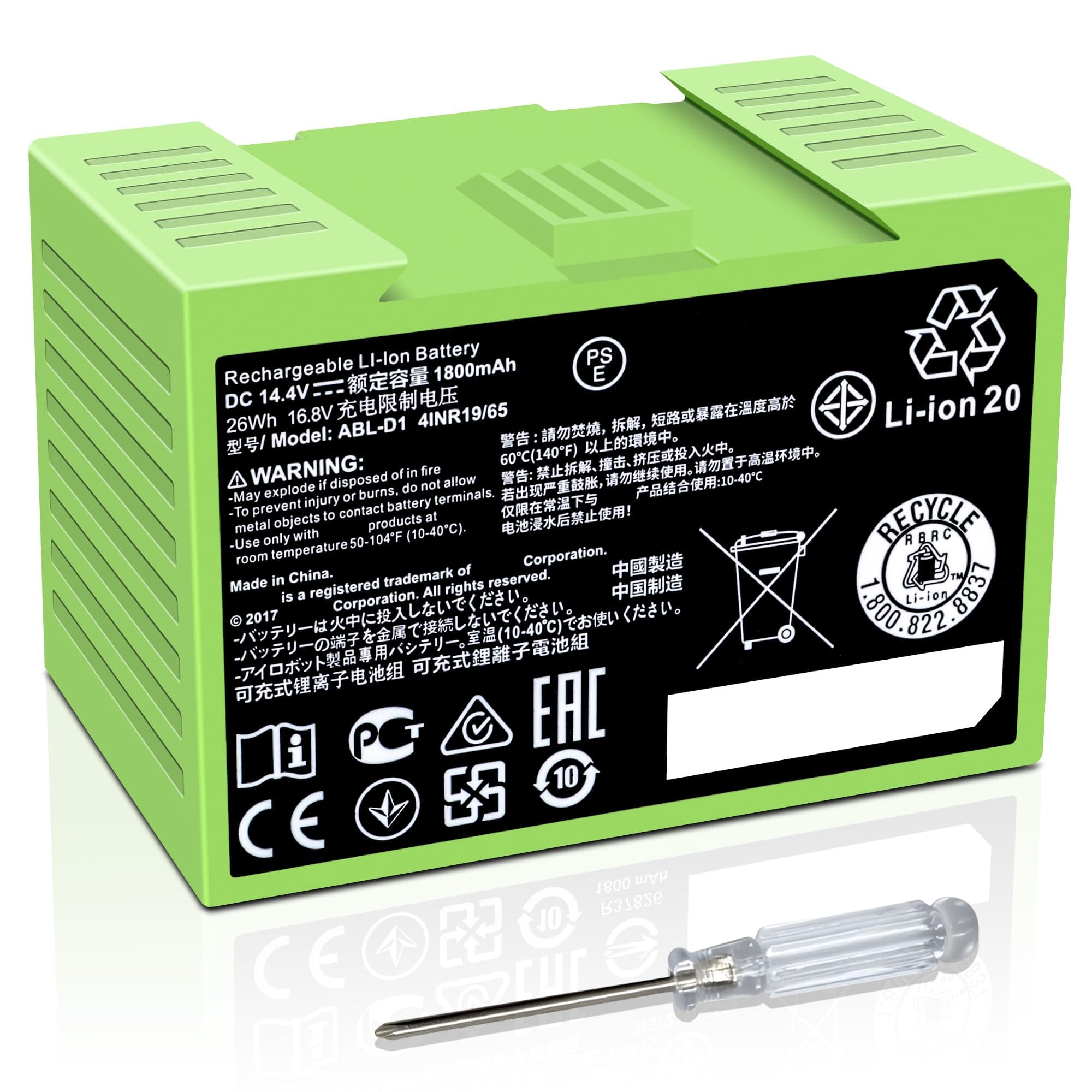 - For iRobot Roomba e e5 e6 e5150 e5152 e6198 and i i3 3150 i3+ 3550 i4 4150 i4+ 4552 i6 I7 i7158 i7+ 7150 7550 i8 Plus Replacement Lithium Ion Battery ABL-D1 4624864 4INR19/65 DC 14.4V 1800MAH/26WH