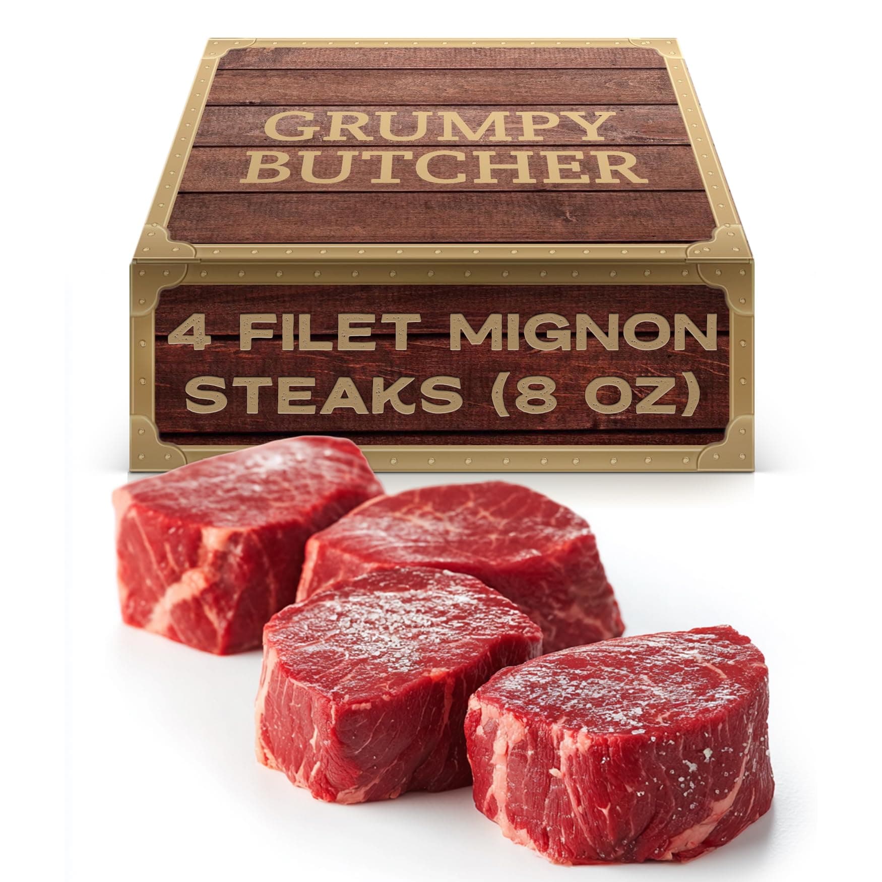 Grumpy Butcher 4 Large Filet Mignon Steaks, 8 oz each: Prime Steakhouse Size Beef Tenderloin Filet Steak Meat - For Delivery in Grumpy Butcher Meat Gift Packages Specials Option