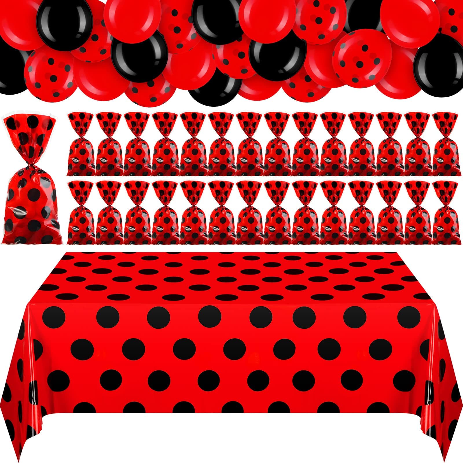 Sratte 73 Pcs Ladybug Birthday Party Decoration 54" x 108" Lady Bug Tablecloth 48 Red Candy Bags with Twist Ties 24 Latex Balloon for Themed Birthday Wedding Backdrop Supplies (Red and Black)