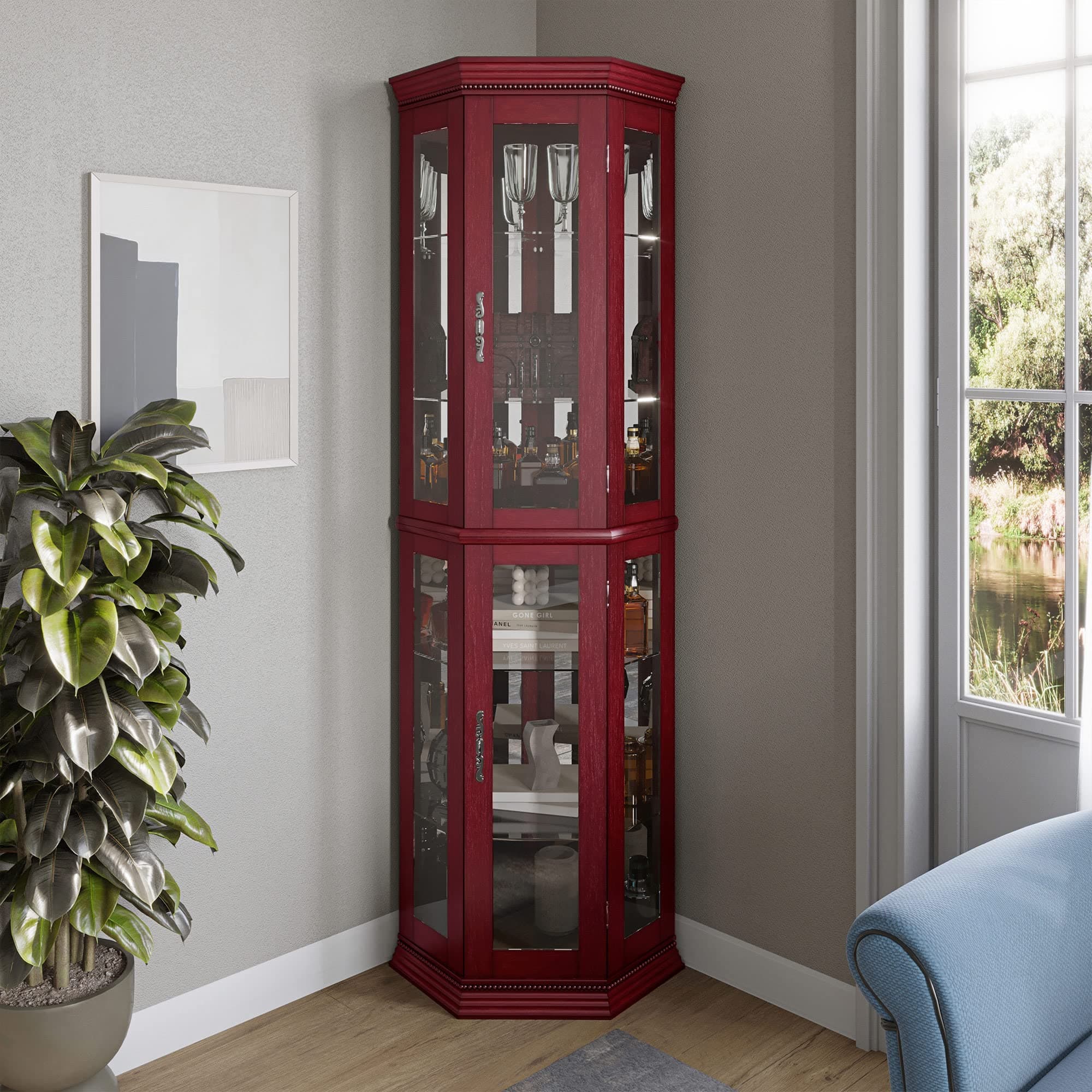 BELLEZE Lighted Wooden Corner Display Curio Cabinet, Two Section Shelving Unit with Tempered Glass Door, Bar and Liquor Storage Area with 6 Shelves - Lorona (Cherry)