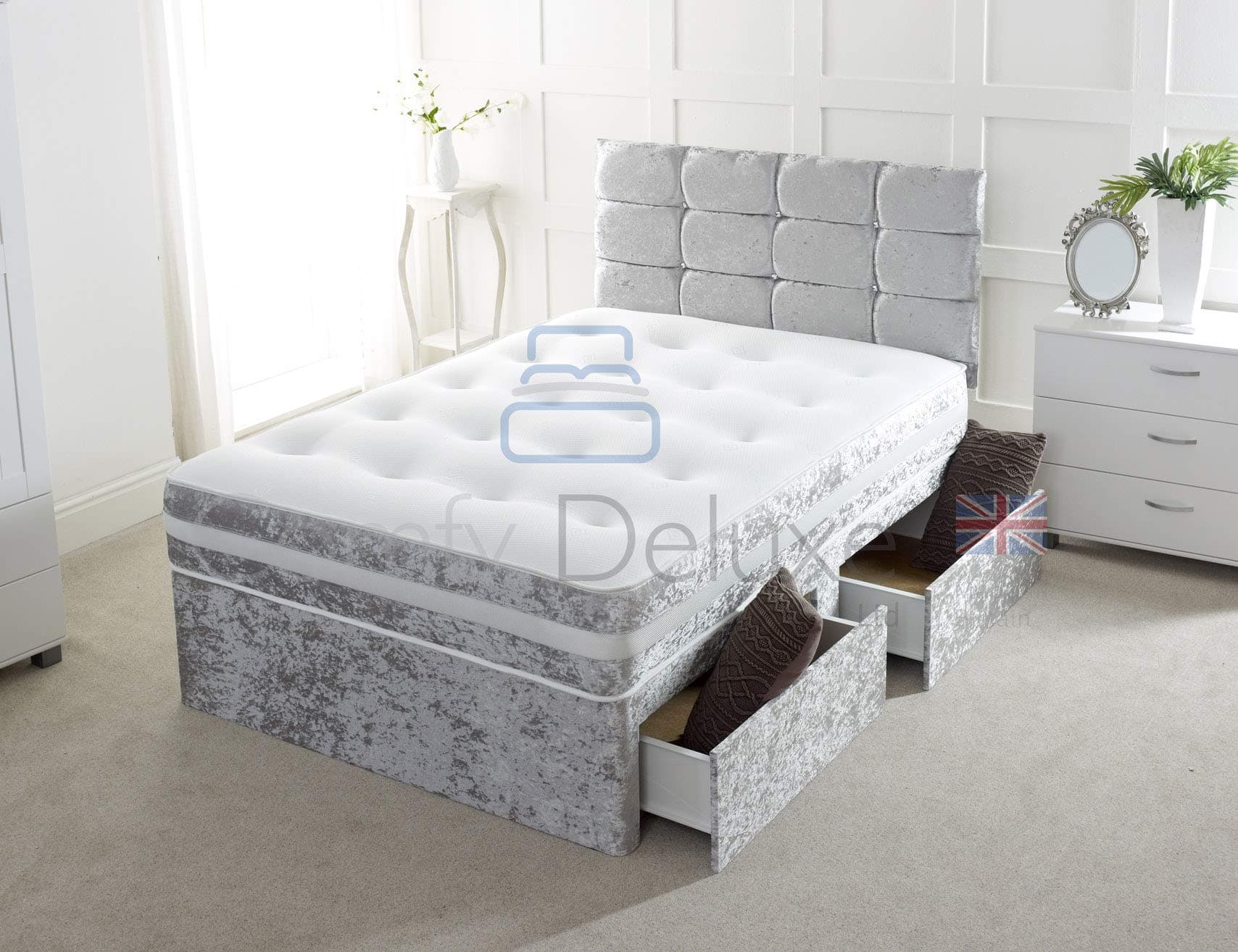 Silver Crushed Velvet Divan Bed with Mattress | Free HEADBOARD | Storage Drawers by Comfy Deluxe LTD (4FT 2 Drawers, Silver)