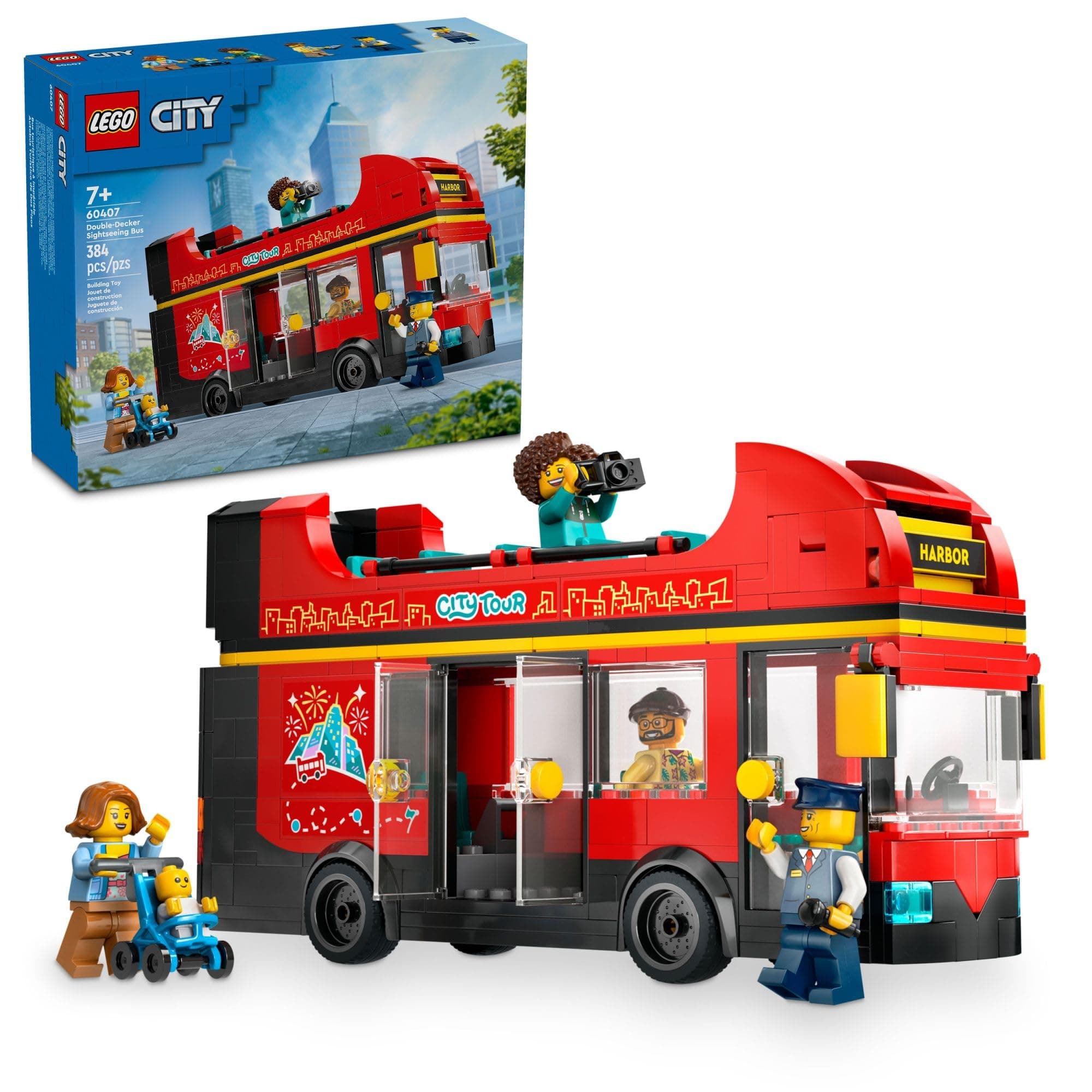 City Red Double-Decker Sightseeing Bus Toy Vehicle Set, Birthday Gift for 7 Year Olds, London Bus, for Kids, Double-Decker Bus Toy, 5 Characters Including a Baby and Stroller, 60407