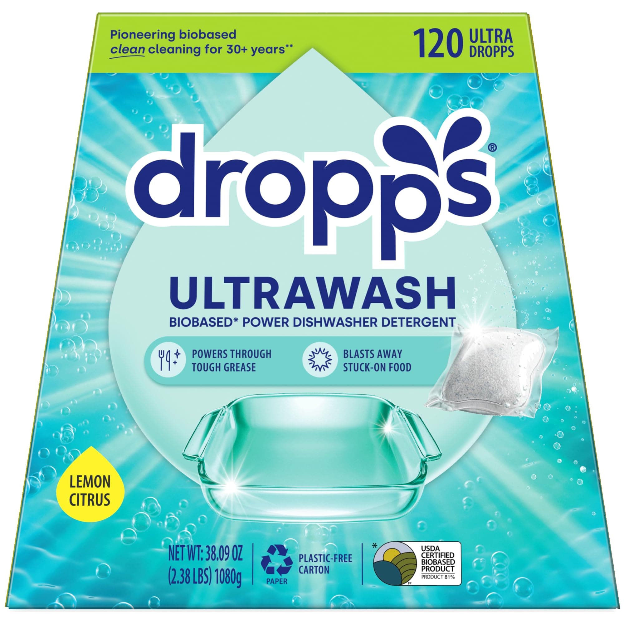 Dropps UltraWash Dishwasher Pods, Lemon Citrus (120 Pods) - Biobased Power Deep Clean Dishwasher Detergent Tablets for Sparkling Shiny Dishes - No Rinse Aid or Pre-Wash Needed - Dishwashing Pods