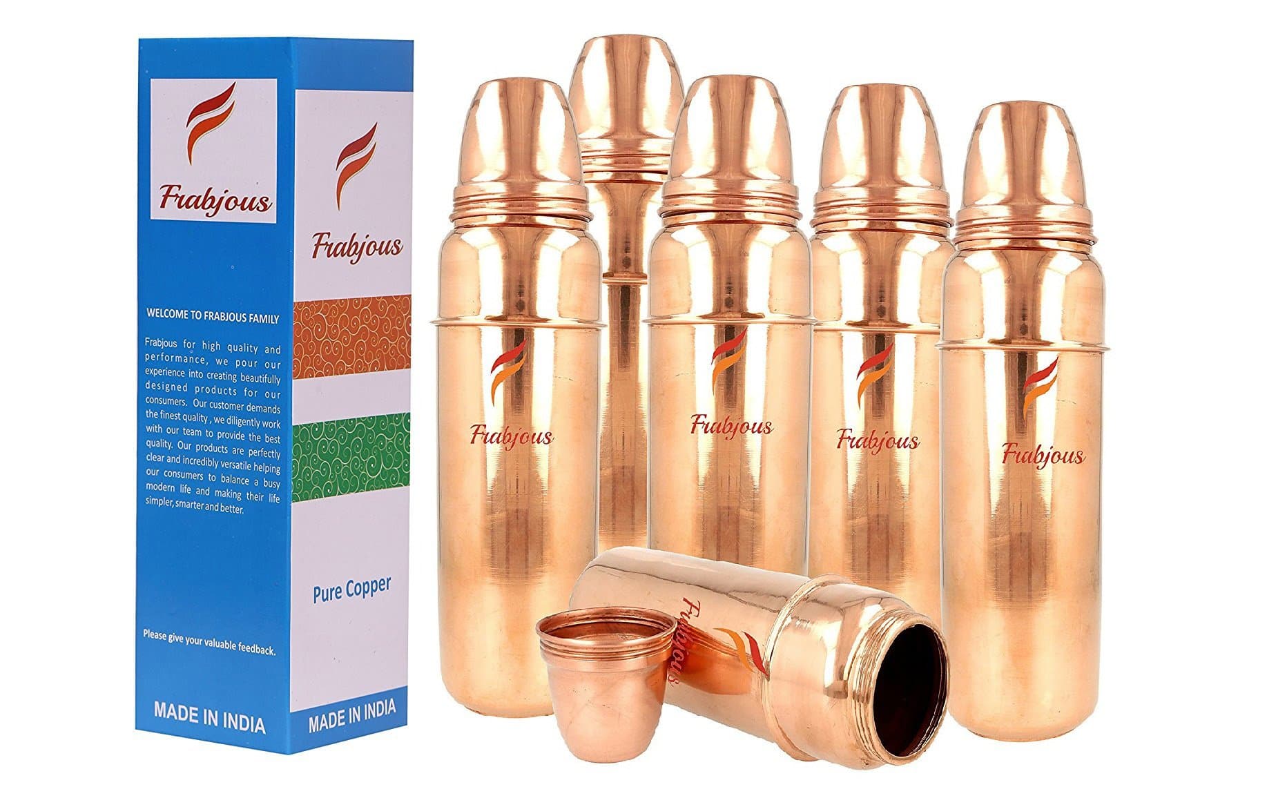 Frabjous Set of 6 Handmade Copper Thermos Design Water Bottle with Lid Volume 900 ML for Health Benefits Yoga, Ayurveda