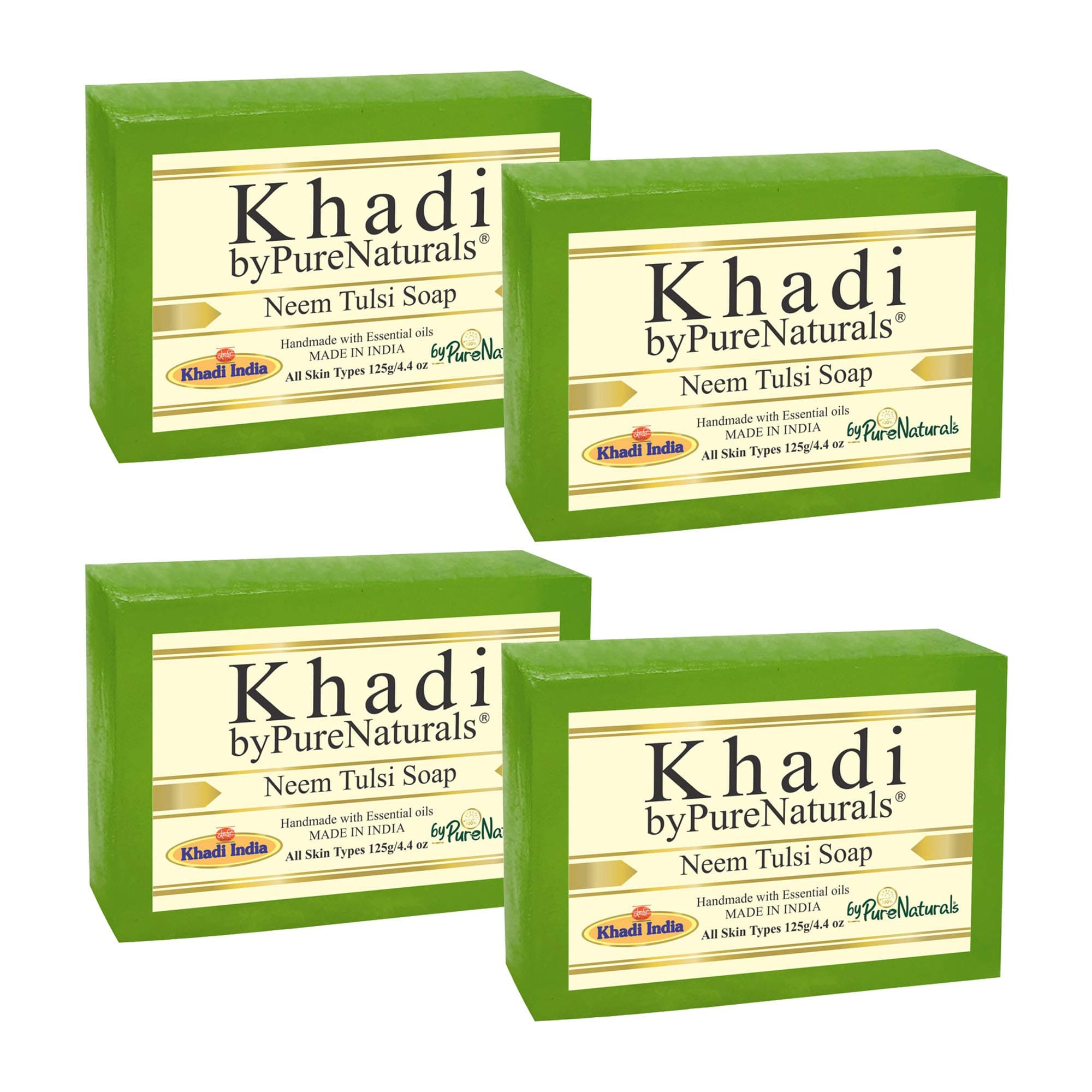 byPureNaturals Khadi Neem Tulsi Soap 125gm (Pack of 4) | Natural Herbal Handmade Bar with Essential Oils | For All Skin Types | Organic Glycerin Soap For Men and Women