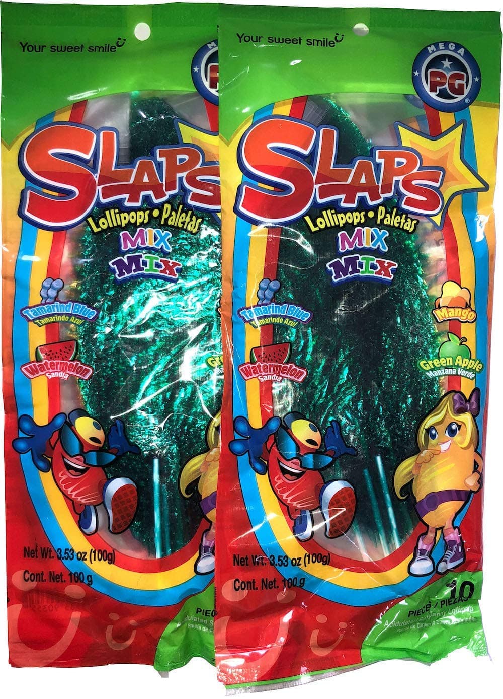 Slaps Mix Lillipops Paletas - 4 Flavors - Tamerind Blue, Watermelon, Mango, Green Apple, 10 Pieces (2 Pack, 20 Pieces)