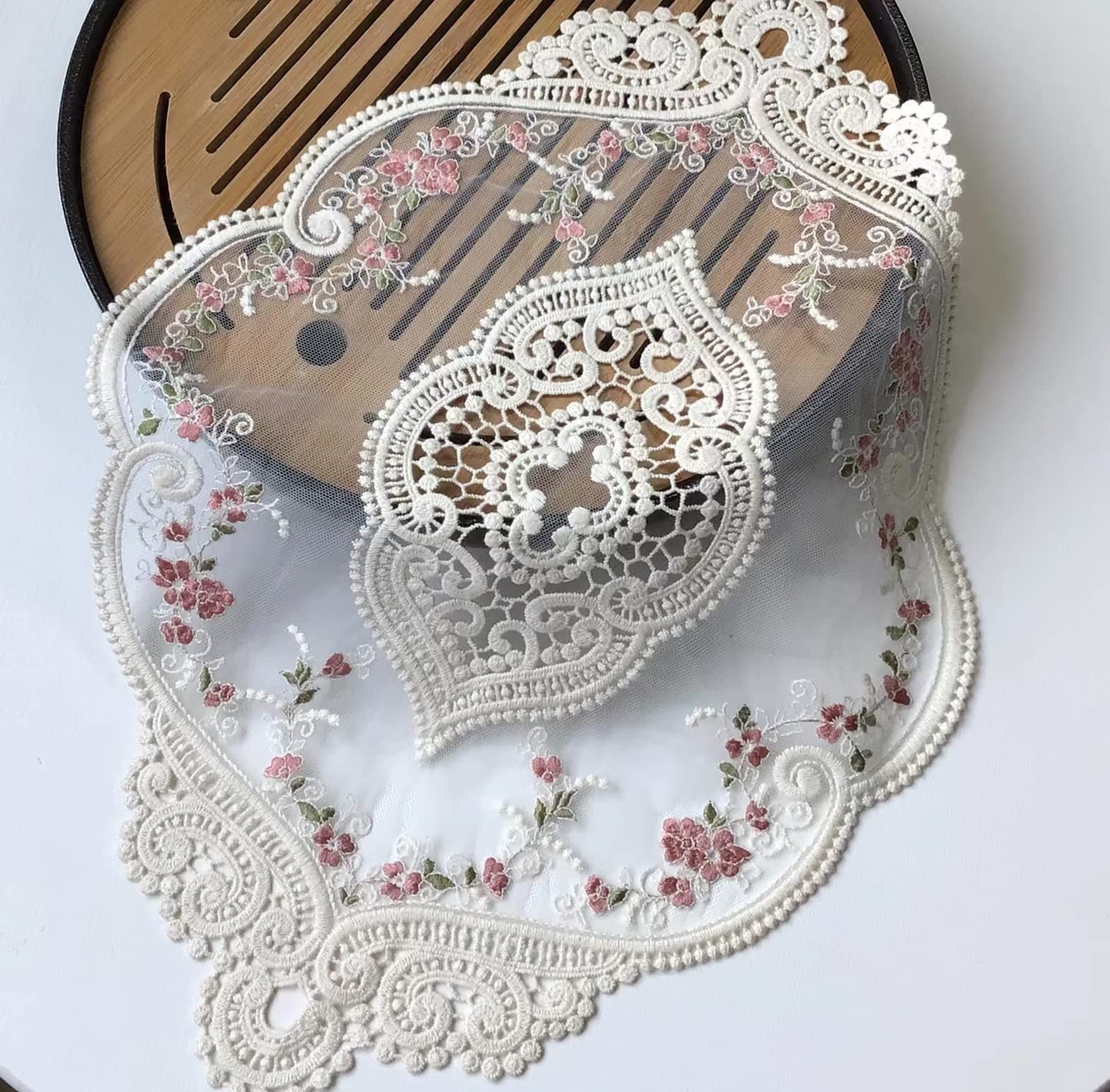 2pack Vintage Oval Lace Table Placemats, Exquisite Flower Embroidered Doilies vase mat, 12 X 18 Inch (White)