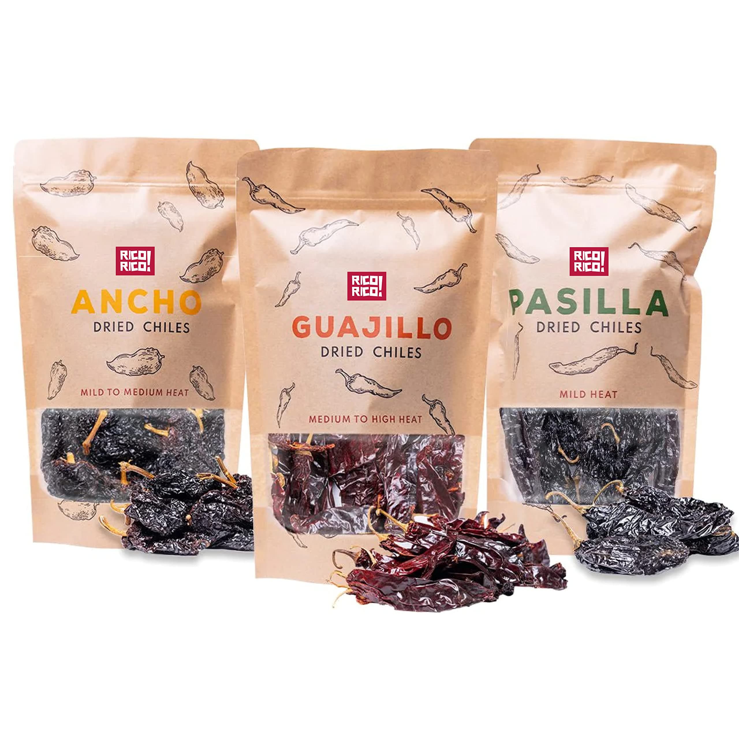 RICO RICO - Dried Chile Peppers 3 Pack Bundle (12 oz Total) - Ancho Chiles, Guajillo Chiles and Pasilla Chiles - The Holy Trinity of Chiles - Great For Mexican Recipes - Packaged In Resealable Bags by RICO RICO