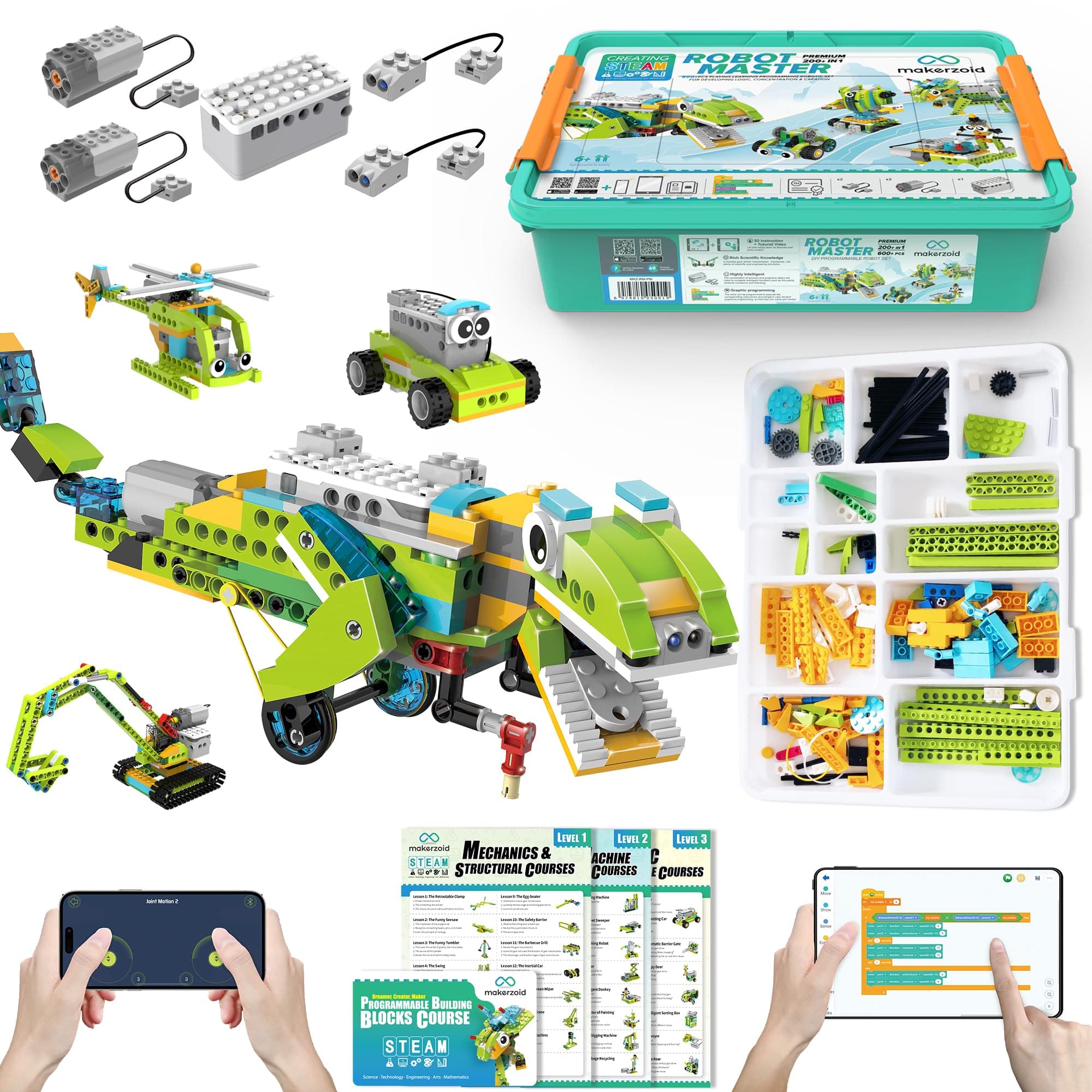 makerzoid Coding Robot Kit for Kids Ages 6+, 200+ in 1 APP Control Dinosaur Robot Toy, Educational Scratch Program Robotic Kit with 47 Video Courses, Toy for Boys Girls(600 Blocks)