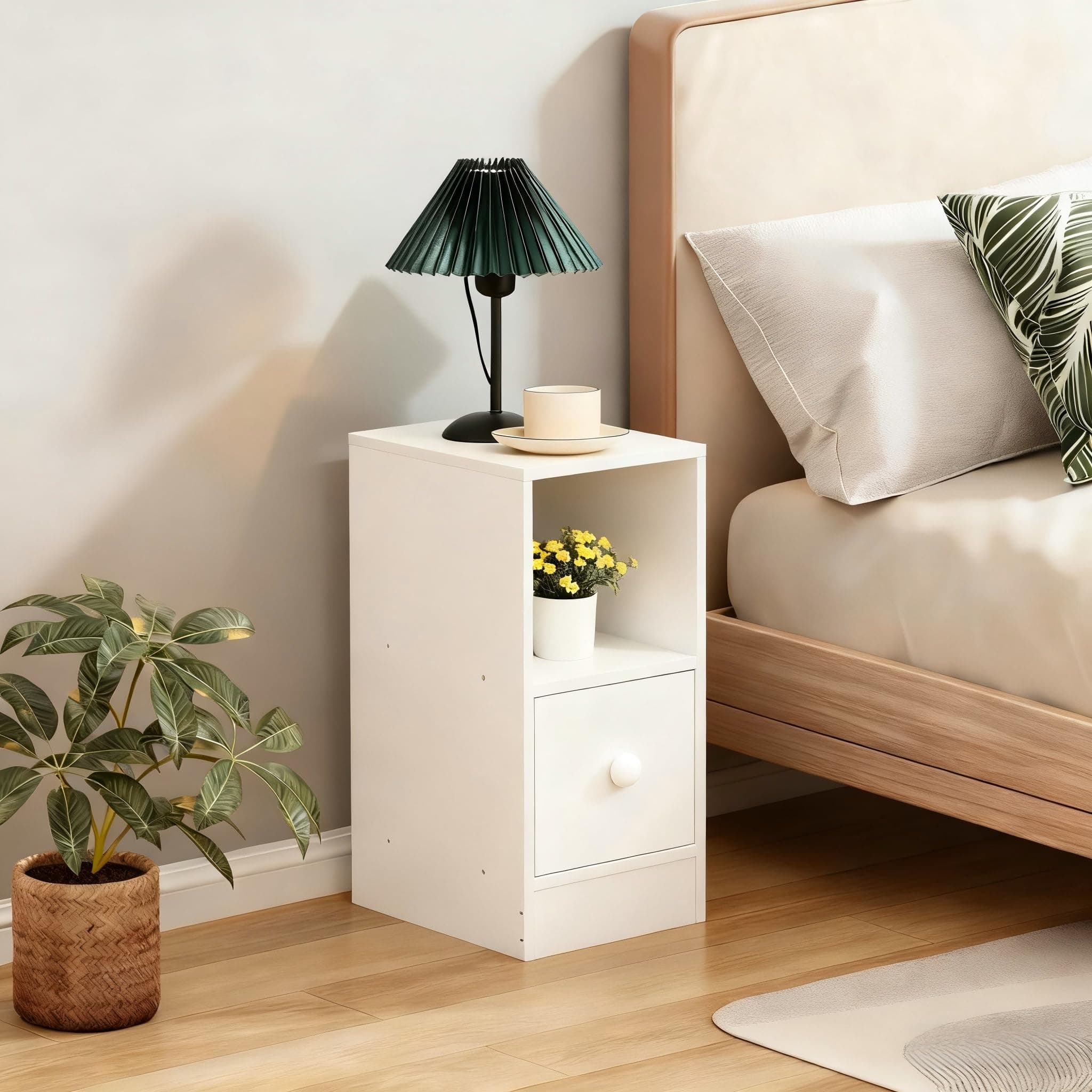 Slim Bedside Cabinet, Narrow Nightstand Side Table, Bedside Table with Drawer & Open Shelf for Bedroom, Living Room Sofa Side End Table (White)
