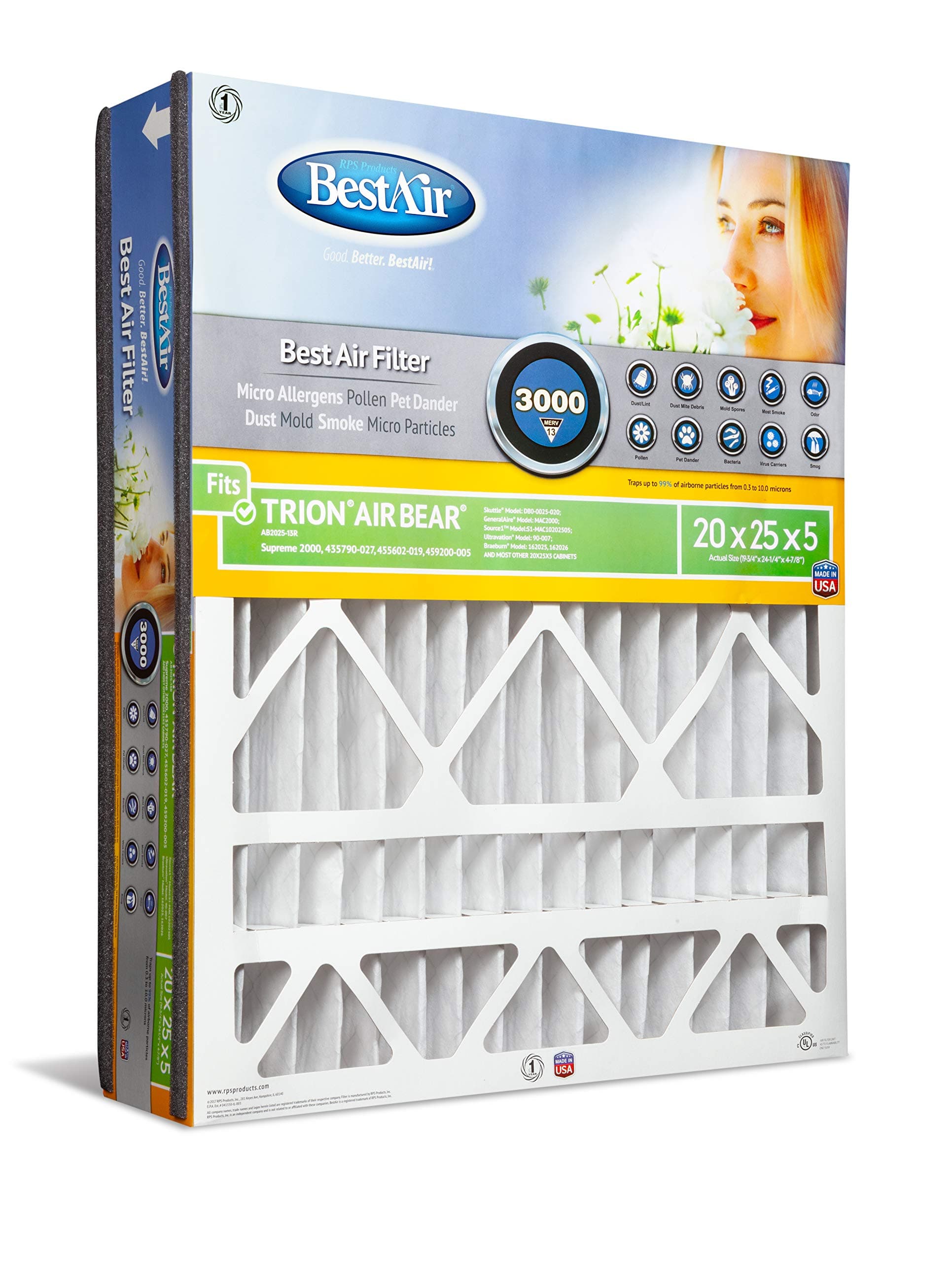 BestAir AB2025-13R AC Furnace Air Filter, 20" x 25" x 5", MERV 13, Fits 100%, For Trion Air Bear, Supreme, Skuttle, GeneralAire, Source1, Ultravation & Braeburn Models, Pack of 1