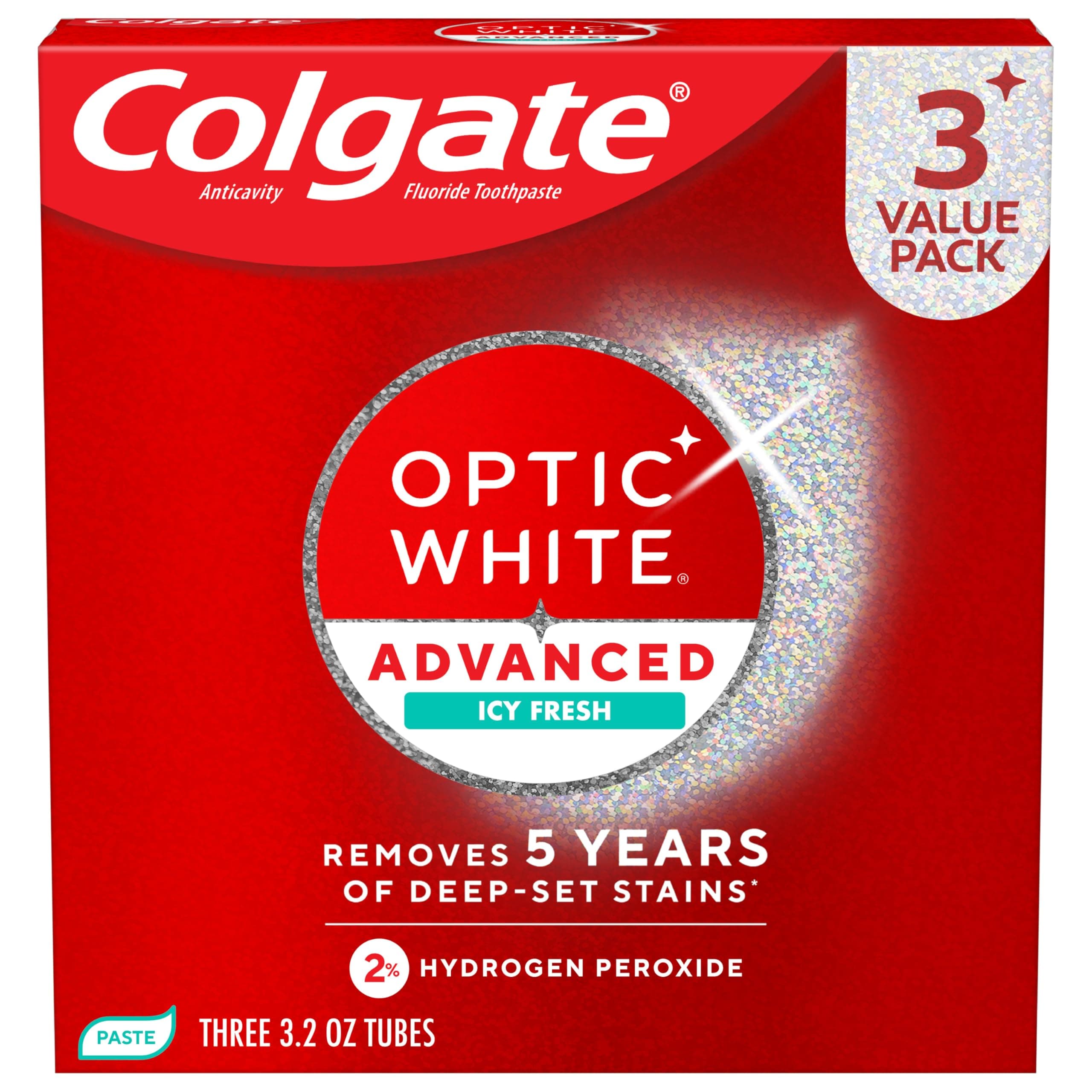 Optic White Advanced Hydrogen Peroxide Toothpaste Pack, Teeth Whitening Toothpaste, Enamel-Safe Hydrogen Peroxide Formula, Helps Remove Tea, Coffee, and Wine Stains, Icy Fresh, 3 Pack, 3.2 oz